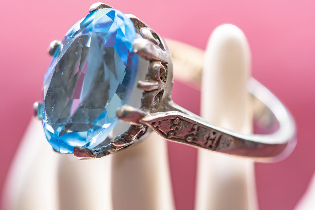 Vintage Sky Blue Topaz Statement Ring, Ornate Silver Crown Setting, Chunky Oval Gemstone