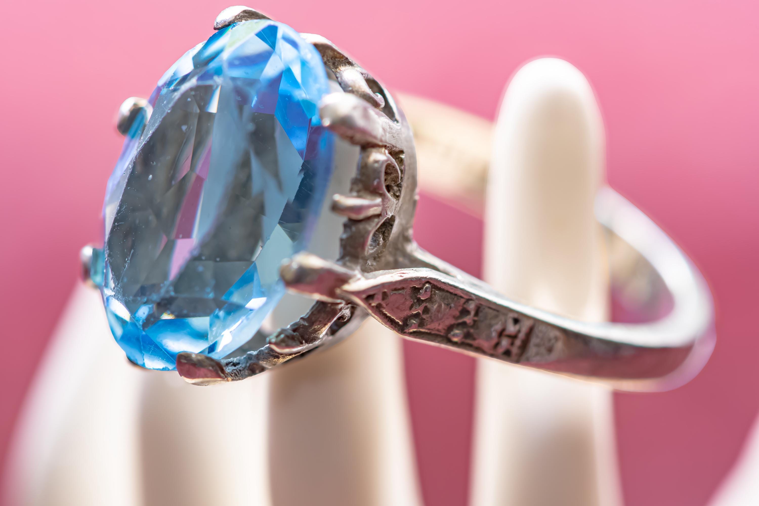 Vintage Sky Blue Topaz Statement Ring, Ornate Silver Crown Setting, Chunky Oval Gemstone