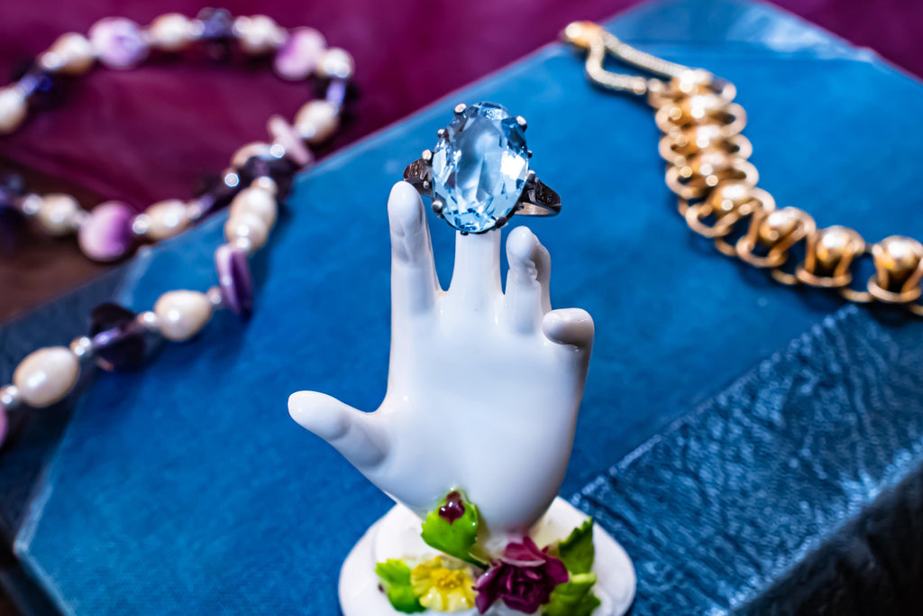 Vintage Sky Blue Topaz Statement Ring, Ornate Silver Crown Setting, Chunky Oval Gemstone