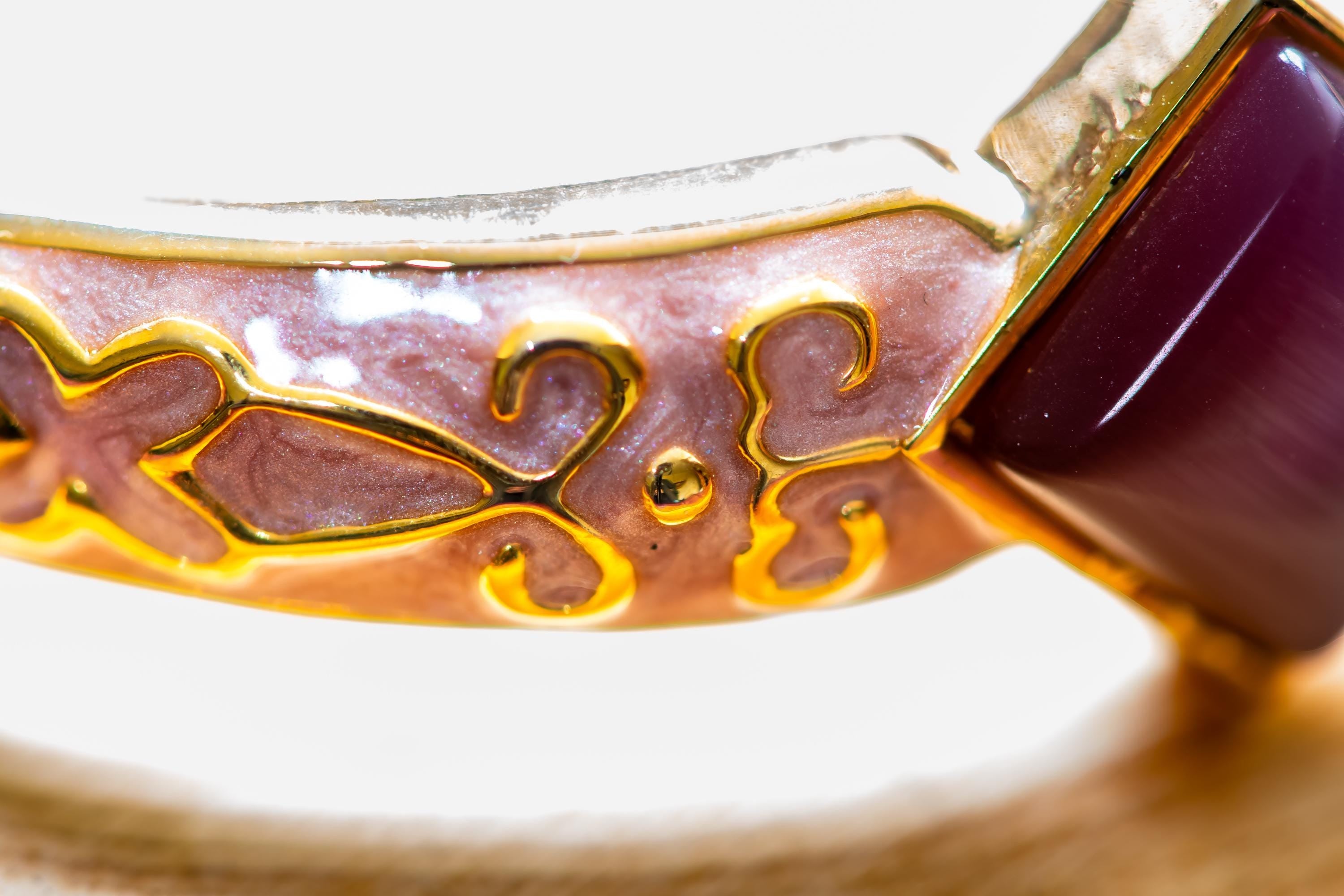 Vintage Ornate Pink Enamel Bangle. Gold Toned Scrollwork Bracelet. Sea Witch Jewelry.
