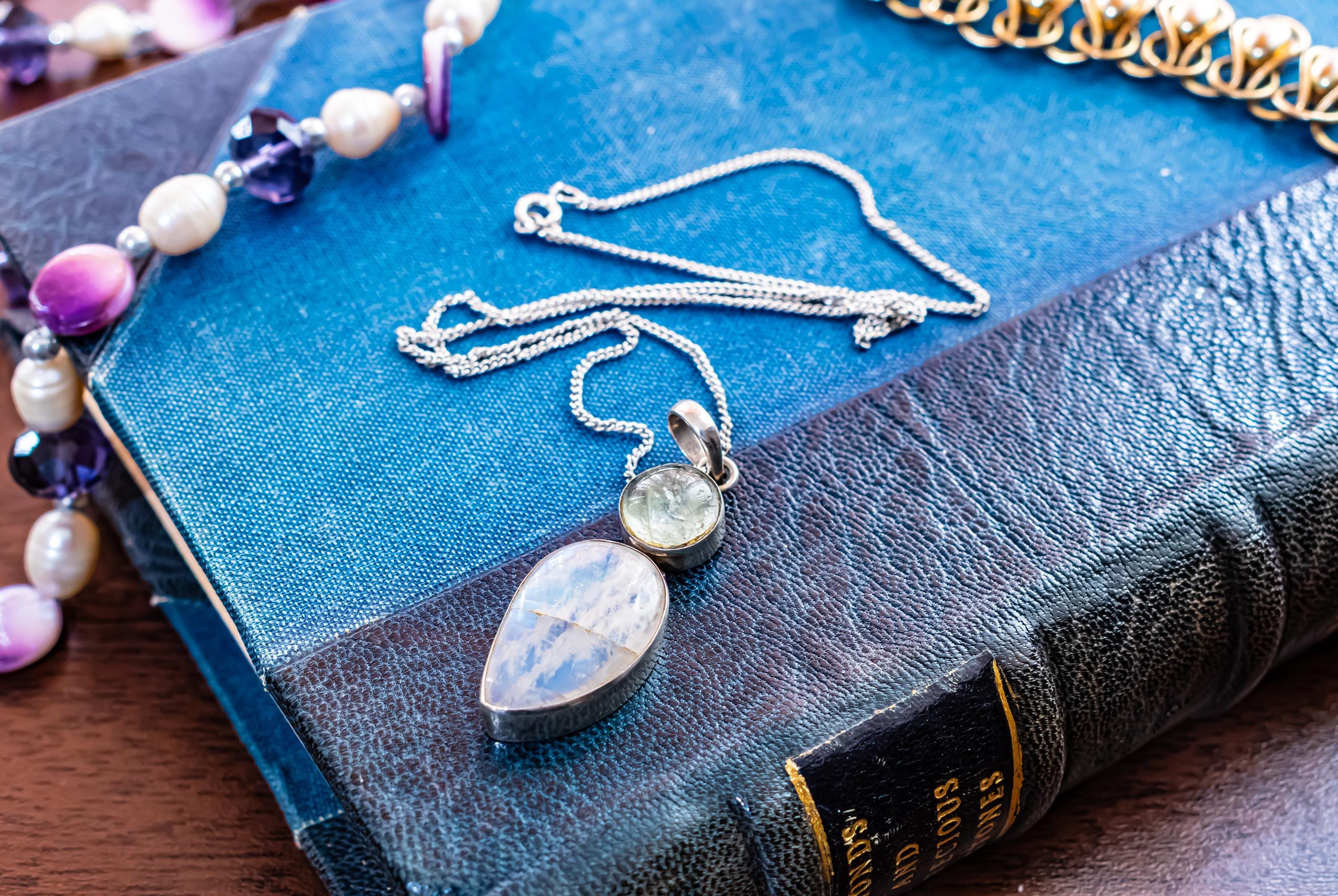Vintage Moonstone Pendant Necklace, 925 Sterling Silver Double Drop, Gothic Heirloom Jewelry