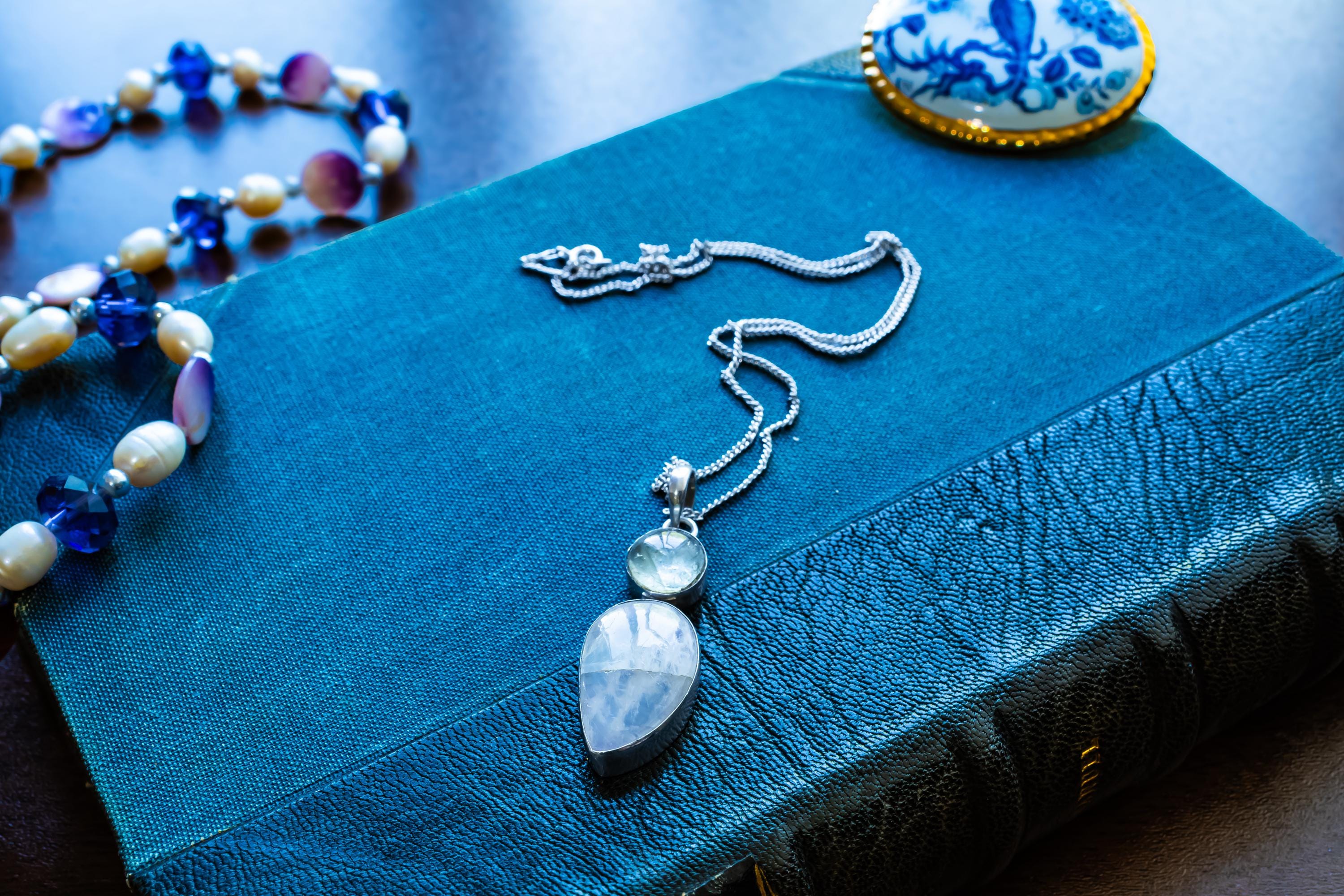 Vintage Moonstone Pendant Necklace, 925 Sterling Silver Double Drop, Gothic Heirloom Jewelry