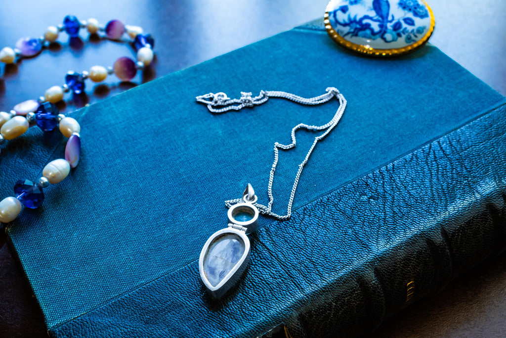 Vintage Moonstone Pendant Necklace, 925 Sterling Silver Double Drop, Gothic Heirloom Jewelry
