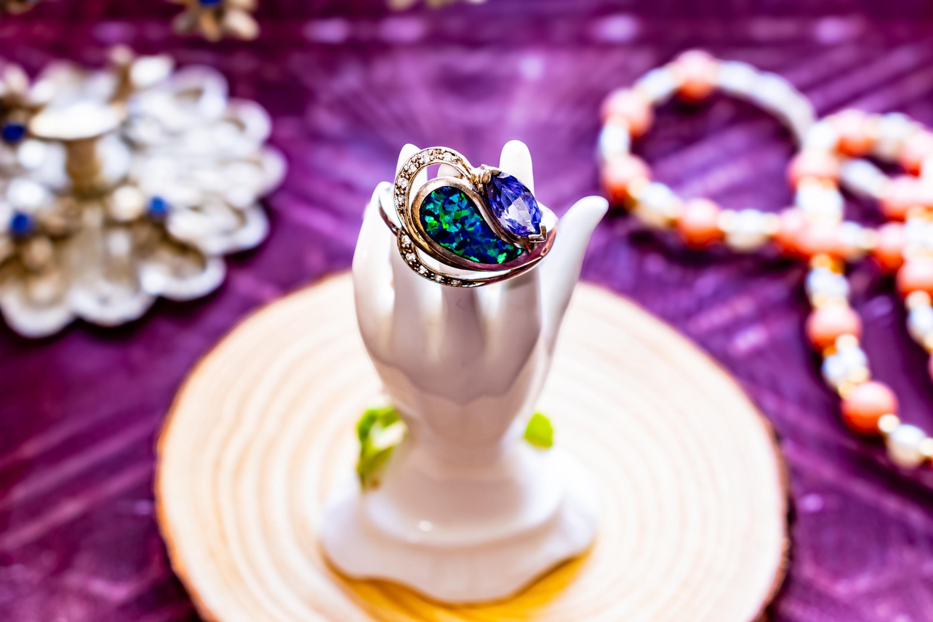 Vintage Fire Opal Ring, Sterling Silver, Marquise Tanzanite, Ocean Sea Witch Jewelry