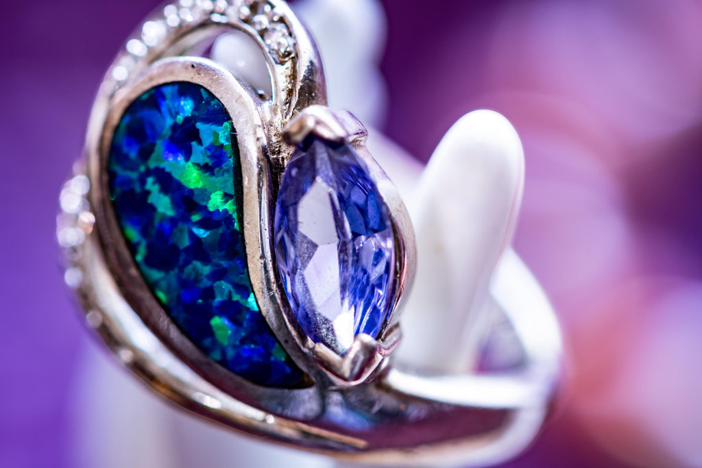 Vintage Fire Opal Ring, Sterling Silver, Marquise Tanzanite, Ocean Sea Witch Jewelry