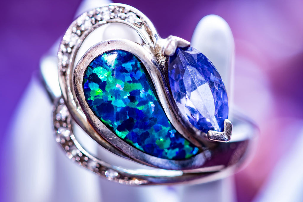 Vintage Fire Opal Ring, Sterling Silver, Marquise Tanzanite, Ocean Sea Witch Jewelry