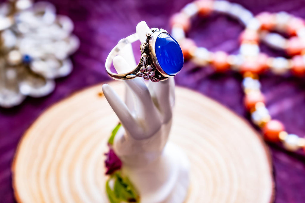 Vintage Sterling Silver Chalcedony Ring, Blue Cabochon Sea Witch Statement Ring