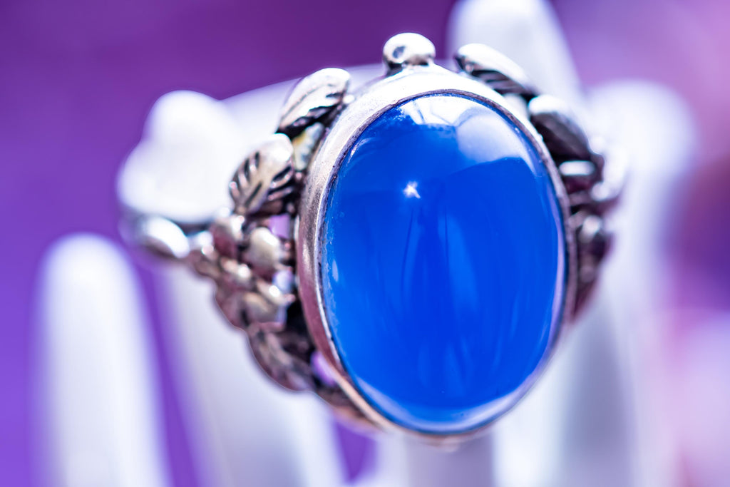 Vintage Sterling Silver Chalcedony Ring, Blue Cabochon Sea Witch Statement Ring