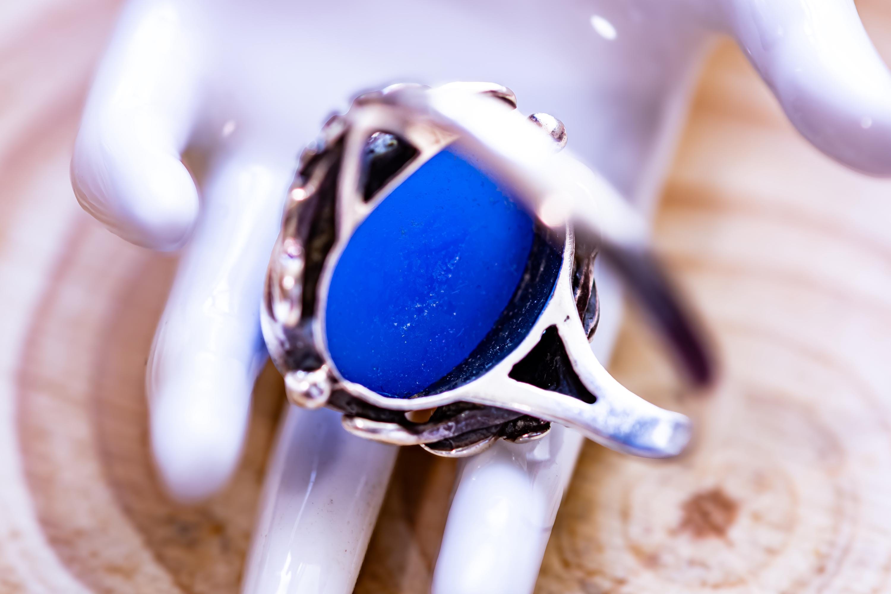 Vintage Sterling Silver Chalcedony Ring, Blue Cabochon Sea Witch Statement Ring