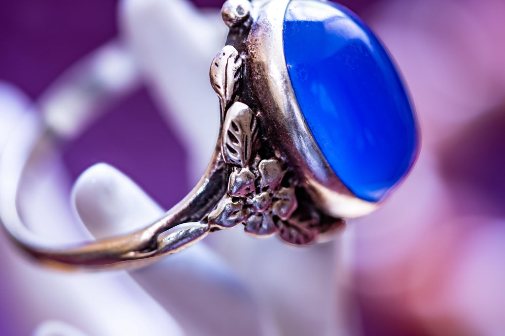 Vintage Sterling Silver Chalcedony Ring, Blue Cabochon Sea Witch Statement Ring