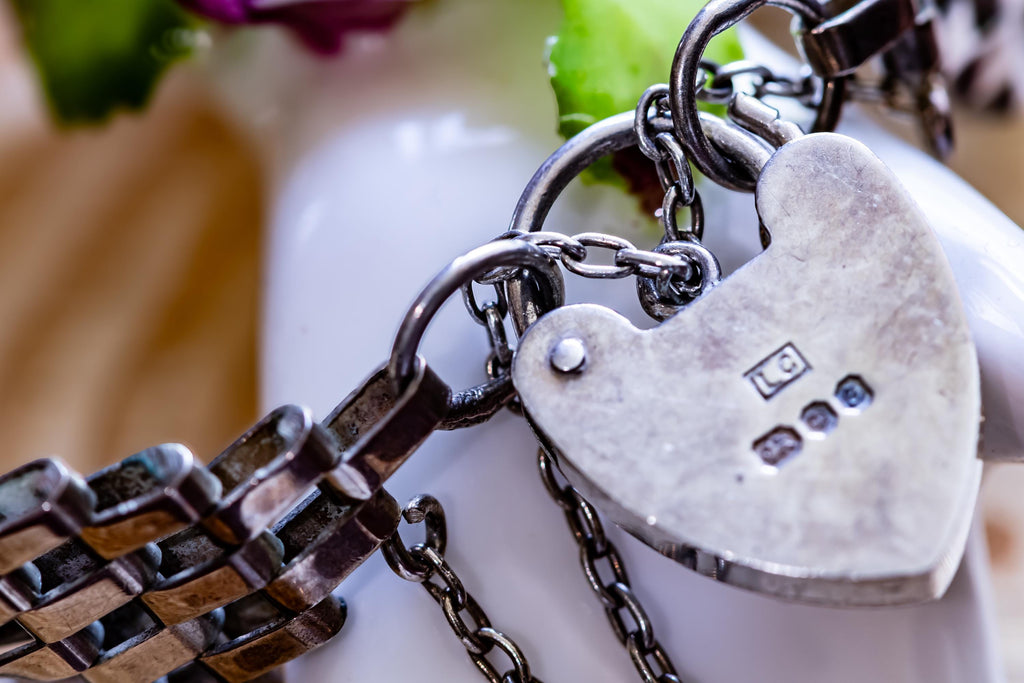 Vintage 1980 Sterling Silver Gate Bracelet, London Hallmarked Heart Padlock Bracelet