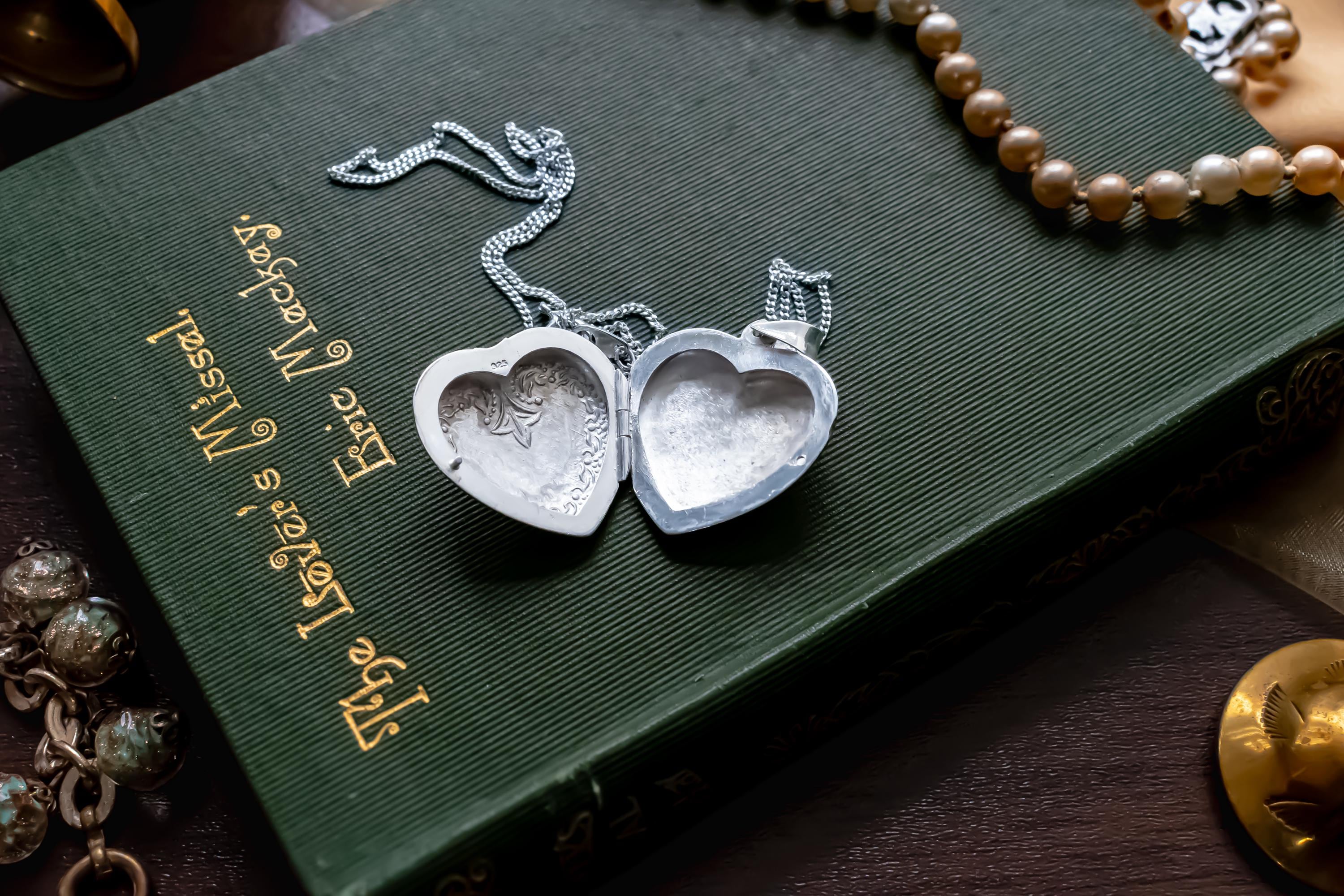Sterling Silver Heart Locket. Etched Floral Vintage Pendant, Keepsake Necklace.