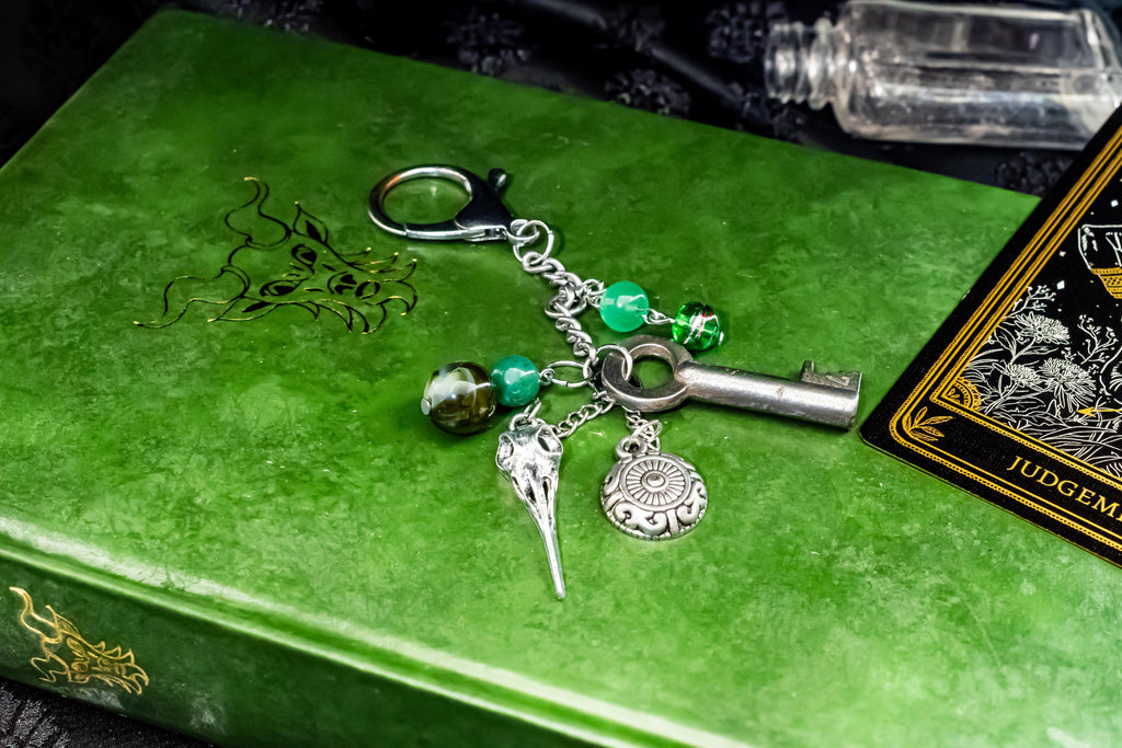 Raven Skull Journal Charm.  Antique Key Talisman, Dark Academia Bag Clip, The Talisman Archive.