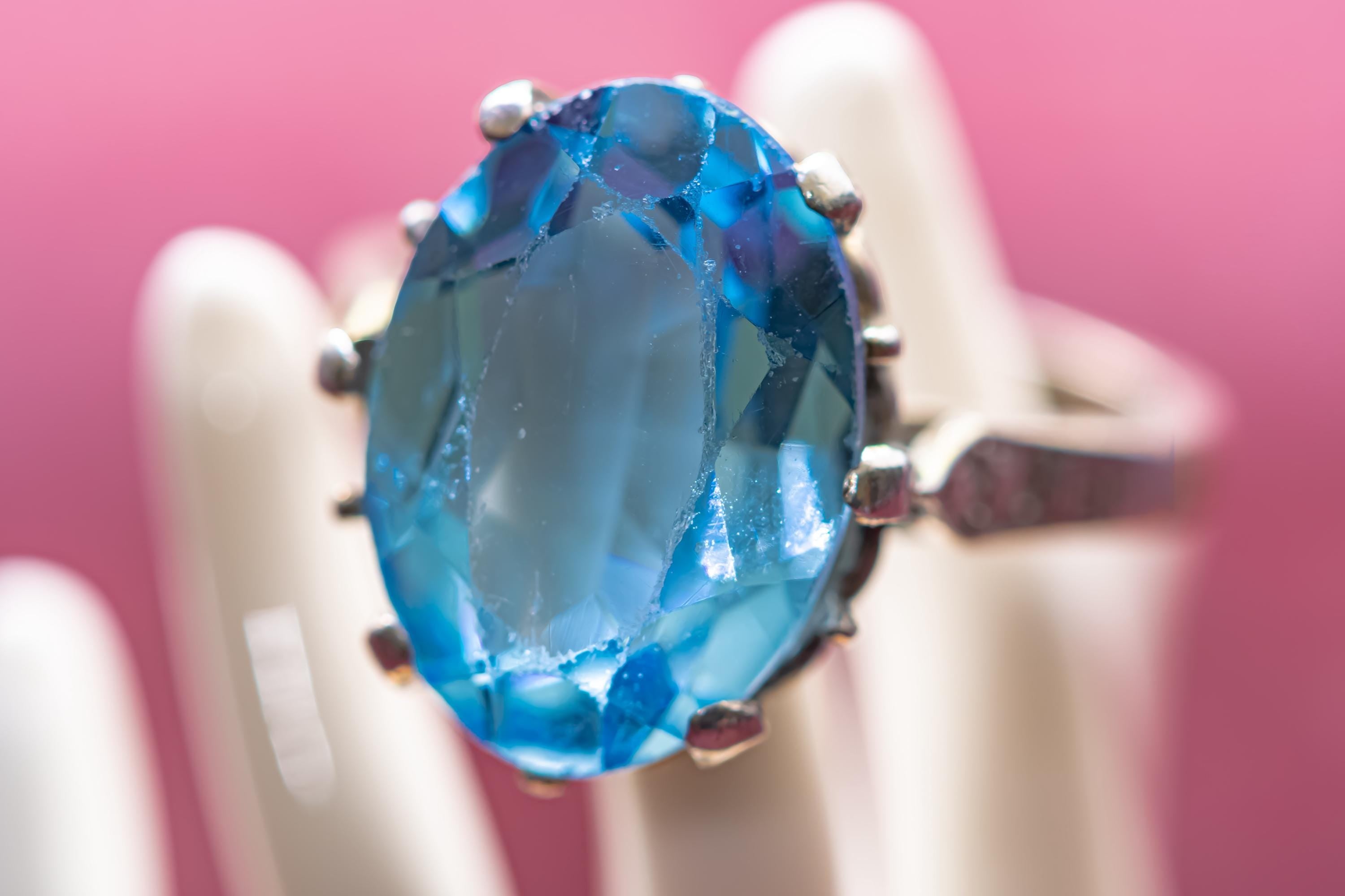 Vintage Sky Blue Topaz Statement Ring, Ornate Silver Crown Setting, Chunky Oval Gemstone