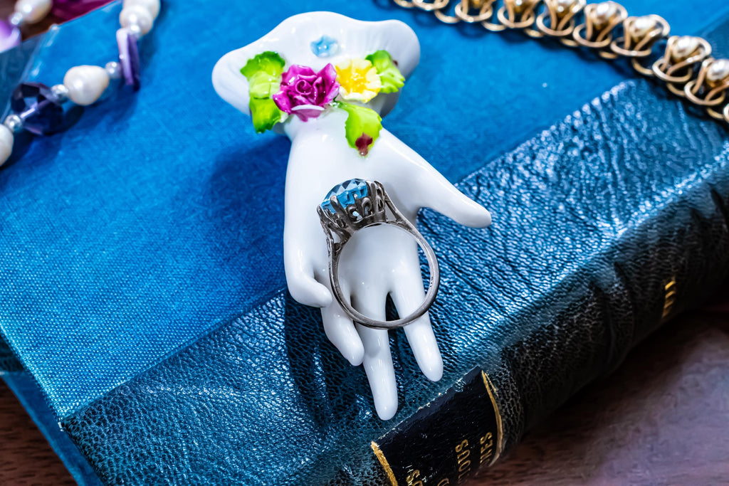 Vintage Sky Blue Topaz Statement Ring, Ornate Silver Crown Setting, Chunky Oval Gemstone