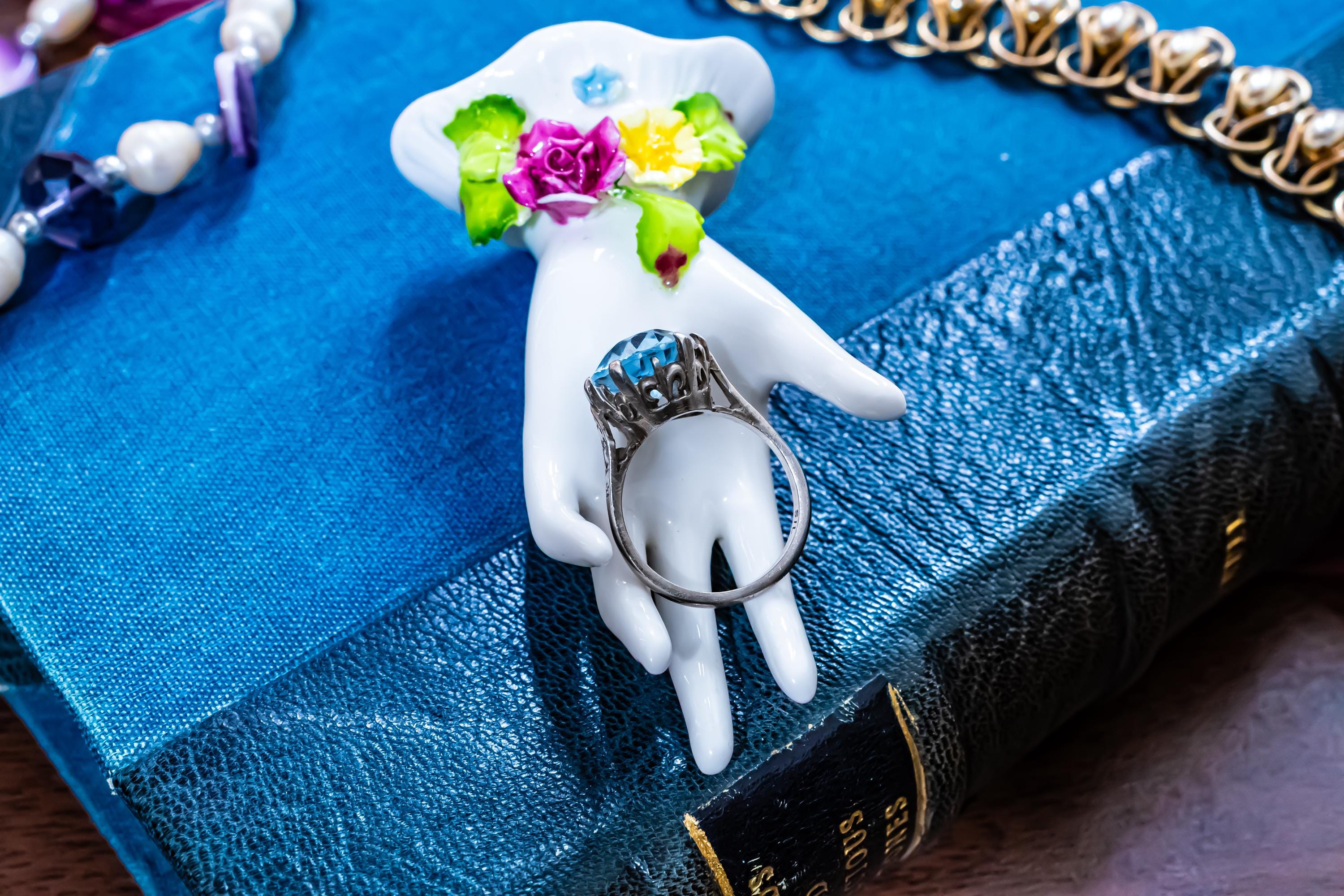 Vintage Sky Blue Topaz Statement Ring, Ornate Silver Crown Setting, Chunky Oval Gemstone