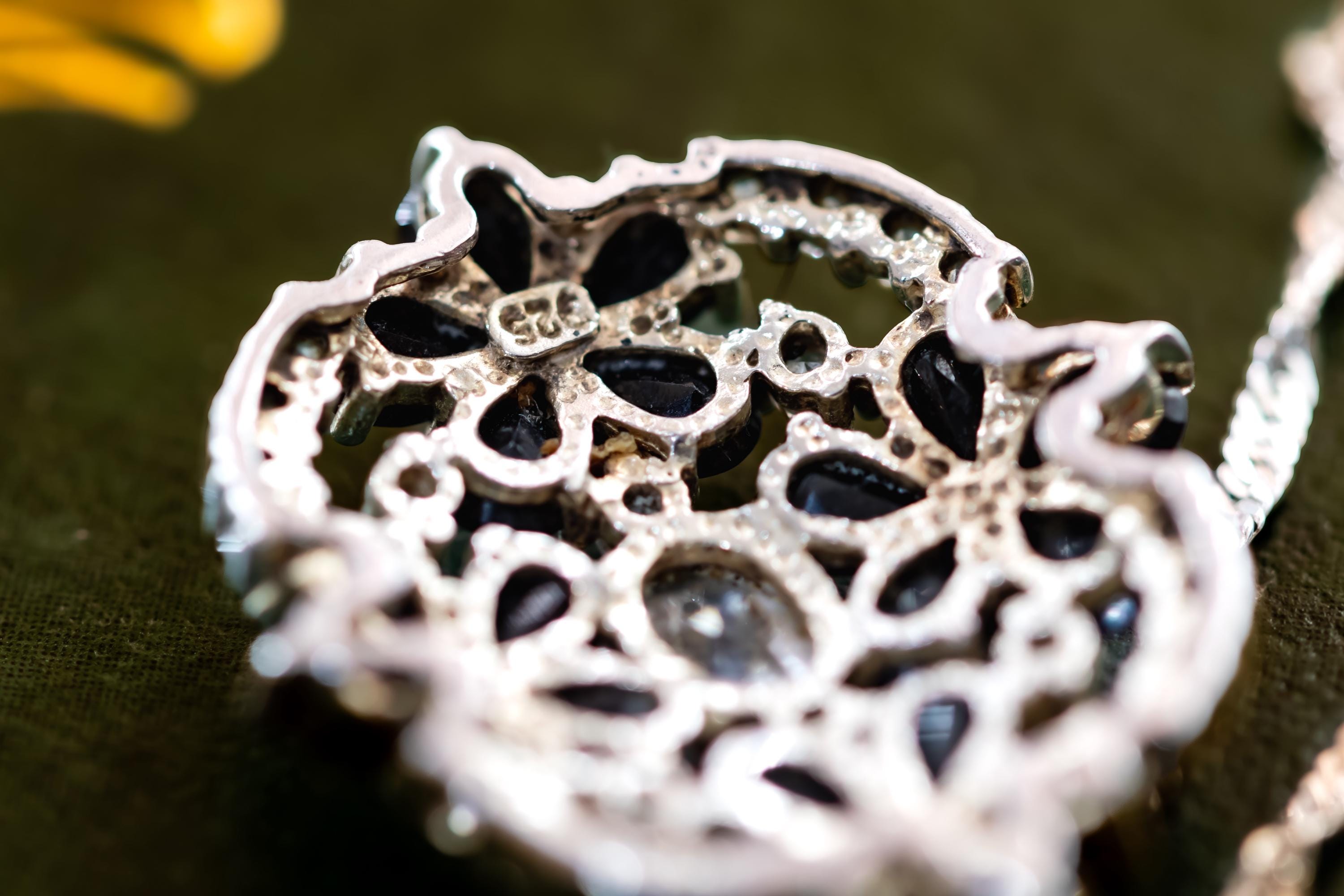 Vintage Sterling Silver Onyx Cluster Pendant, Twisted Chain, Gothic Statement Necklace