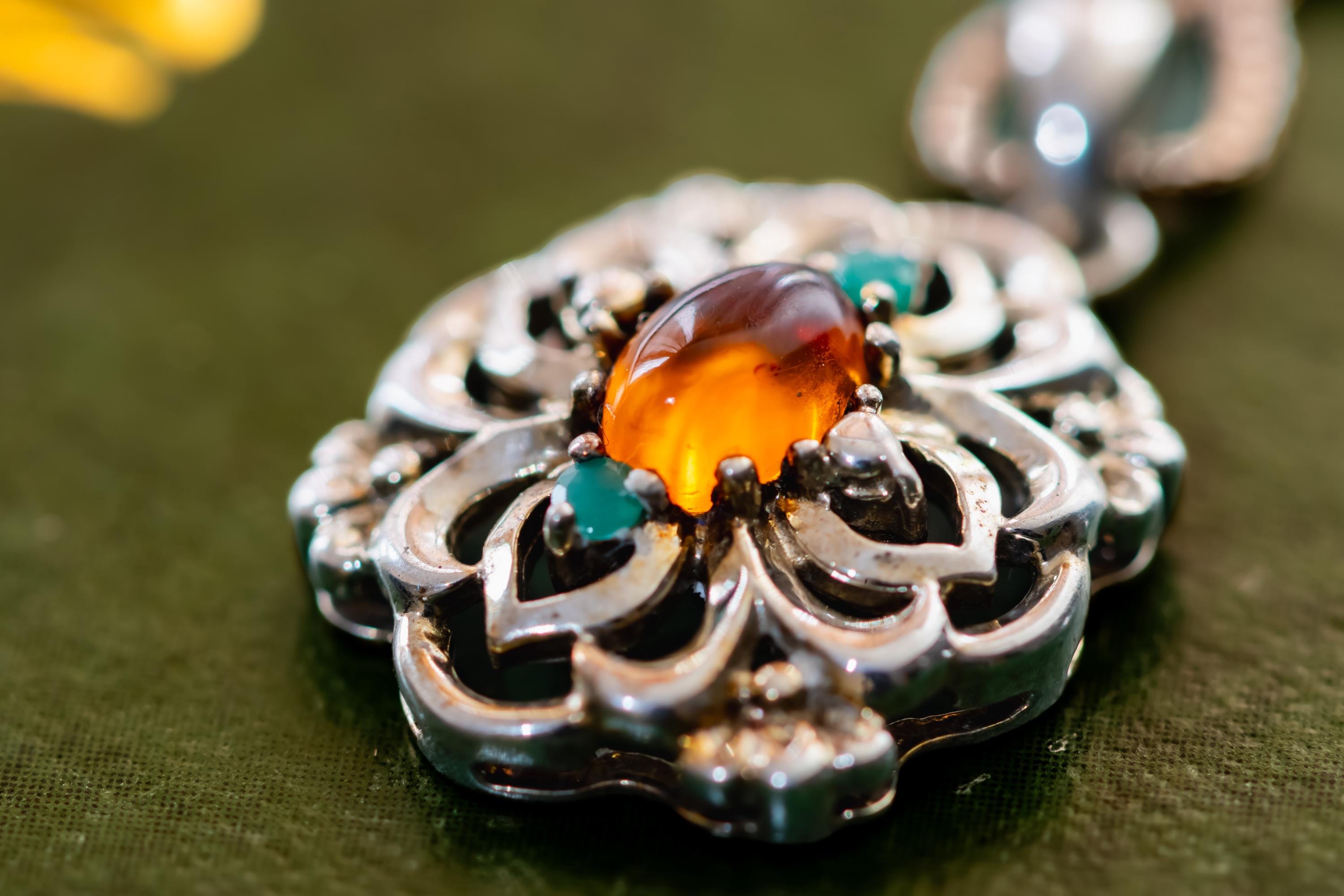 Vintage Sterling Silver Amulet Pendant. Glowing Baltic Amber, Teal Accents, Box Chain.