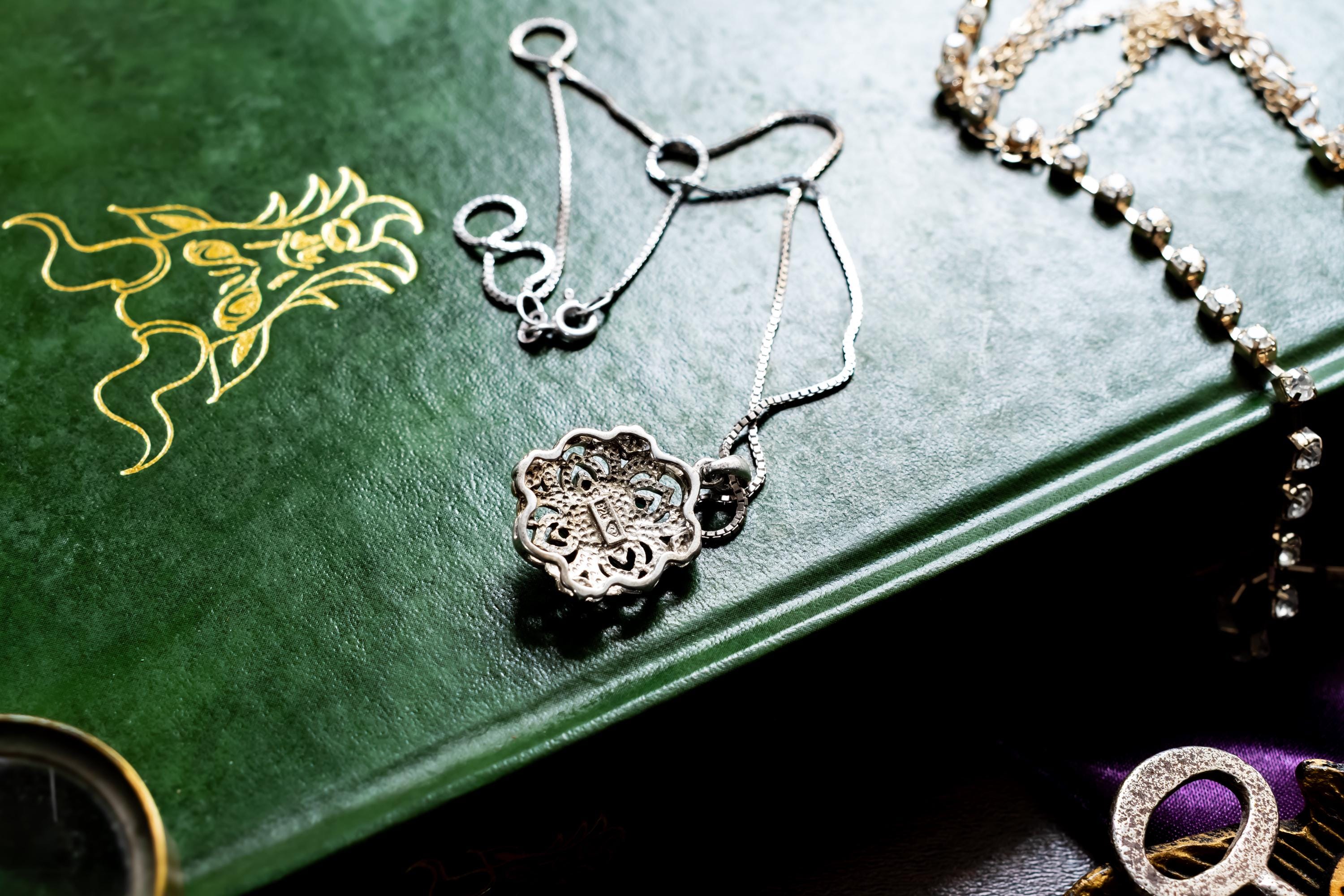 Vintage Sterling Silver Amulet Pendant. Glowing Baltic Amber, Teal Accents, Box Chain.