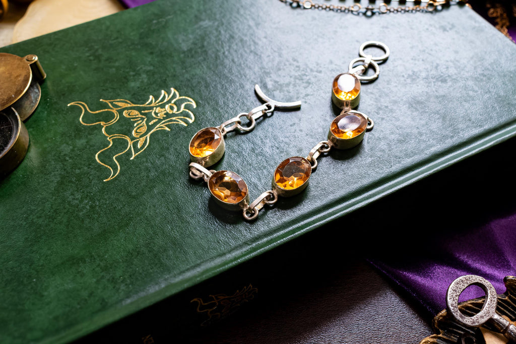 Vintage Sterling Silver Citrine Bracelet. Oval Cut Golden Gemstones, Toggle Clasp.