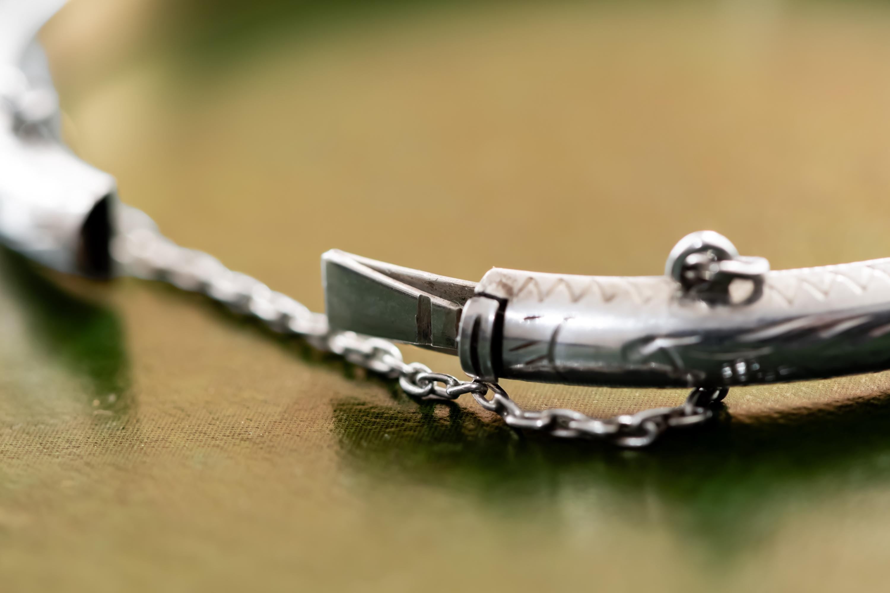 Vintage Etched Sterling Silver Bangle Bracelet. Hinged Safety Chain Heirloom.