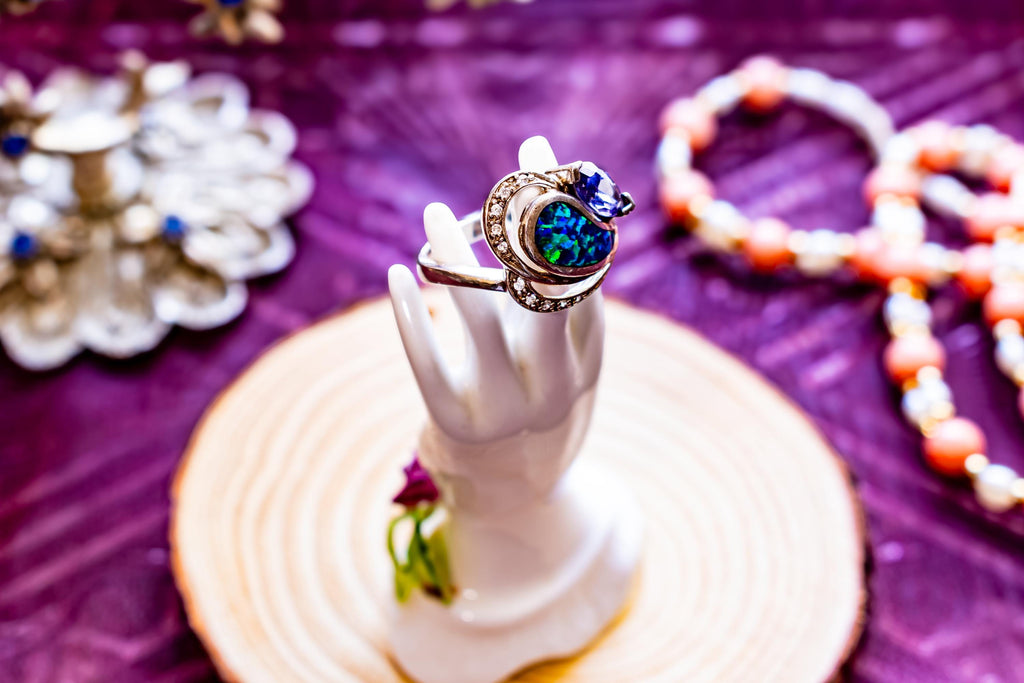 Vintage Fire Opal Ring, Sterling Silver, Marquise Tanzanite, Ocean Sea Witch Jewelry