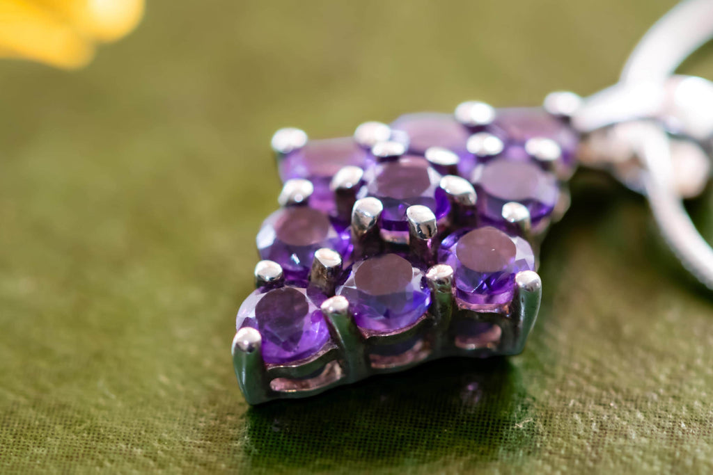 Vintage Sterling Silver Amethyst Cluster Pendant. Geometric Amulet Snake Chain.