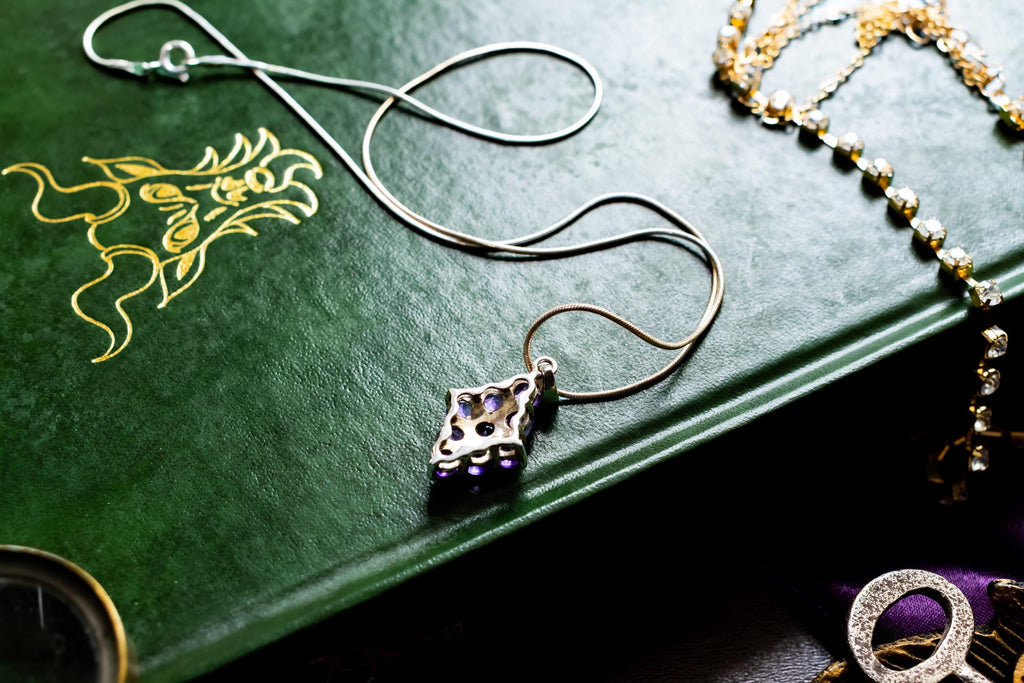 Vintage Sterling Silver Amethyst Cluster Pendant. Geometric Amulet Snake Chain.