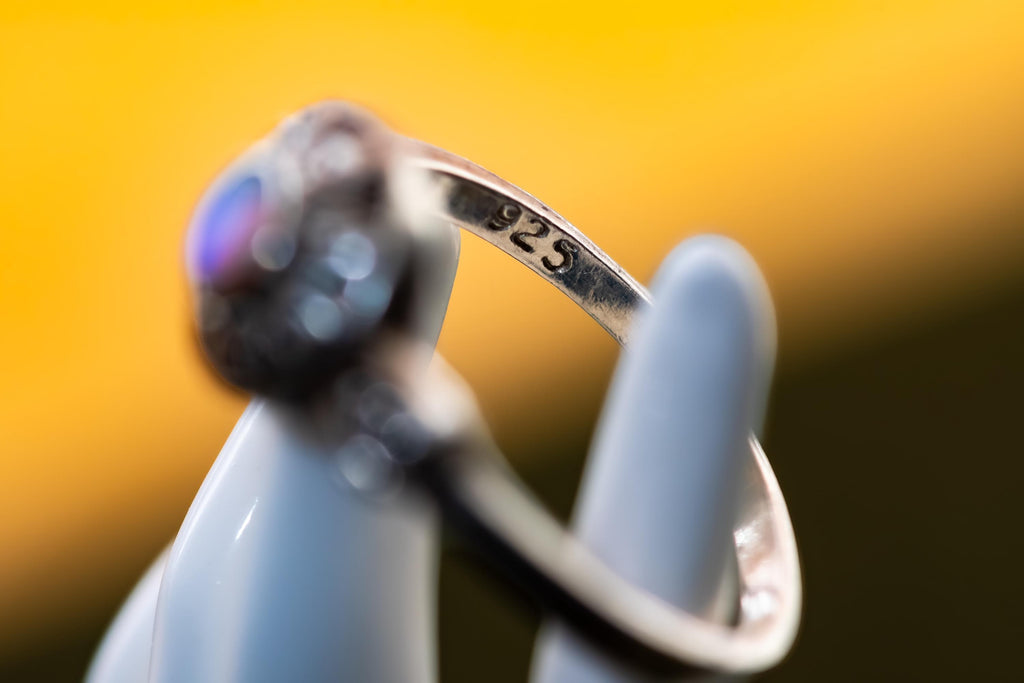 925 Sterling Silver Opal Ring | Green Fire Crescent Moon Cabochon | Shadow and Silver Vault