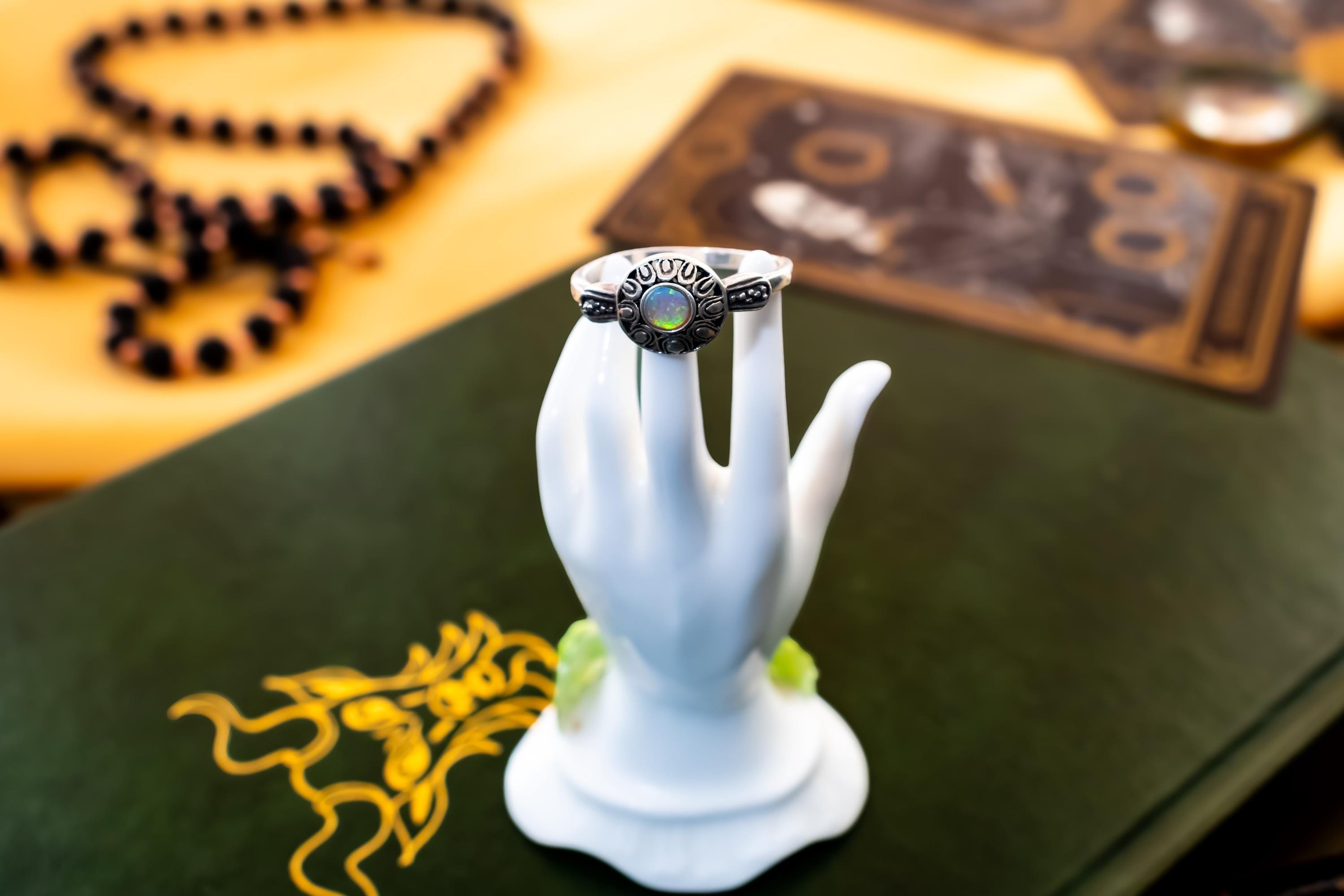 925 Sterling Silver Opal Ring | Green Fire Crescent Moon Cabochon | Shadow and Silver Vault