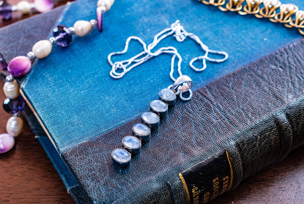 Sterling Silver Bar Necklace, Rainbow Moonstone Pendant, Blue Flash Lunar Jewelry.