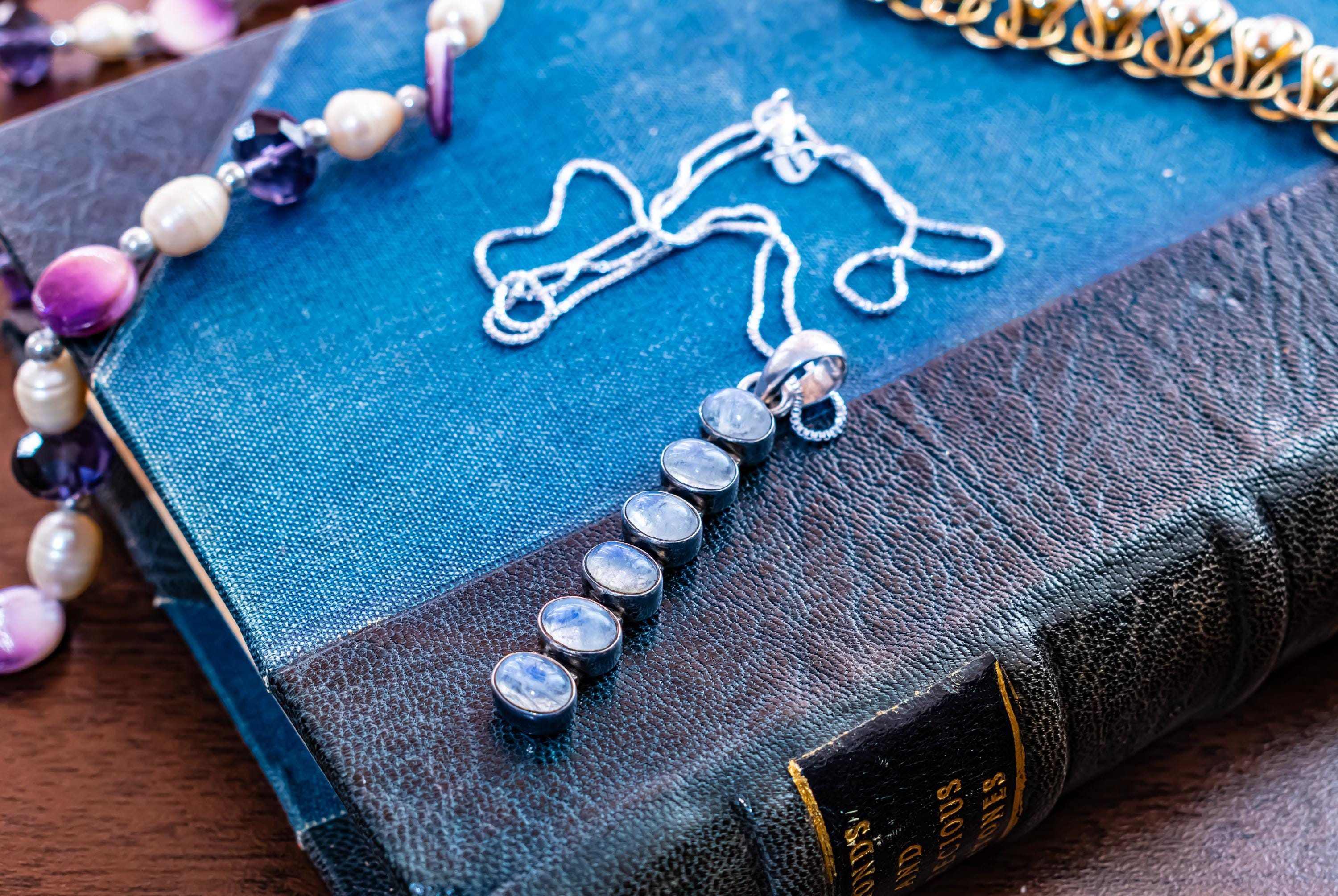 Sterling Silver Bar Necklace, Rainbow Moonstone Pendant, Blue Flash Lunar Jewelry.