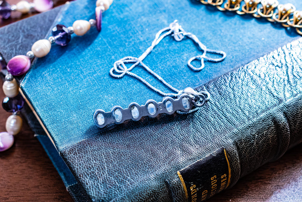 Sterling Silver Bar Necklace, Rainbow Moonstone Pendant, Blue Flash Lunar Jewelry.