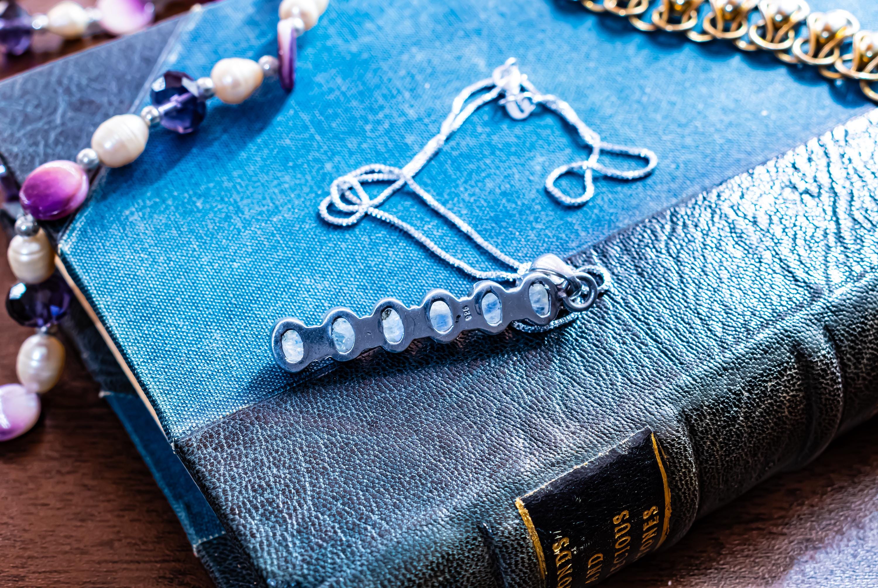 Sterling Silver Bar Necklace, Rainbow Moonstone Pendant, Blue Flash Lunar Jewelry.