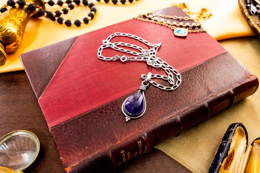 Sterling Silver Amethyst Teardrop Necklace, Wire-Wrapped Gemstone Amulet, Dark Academia Jewelry.