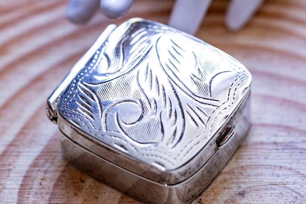 Miniature Silver Pill Box. 1x1 Engraved Botanical Pocket Curio, Victorian Apothecary Trinket.