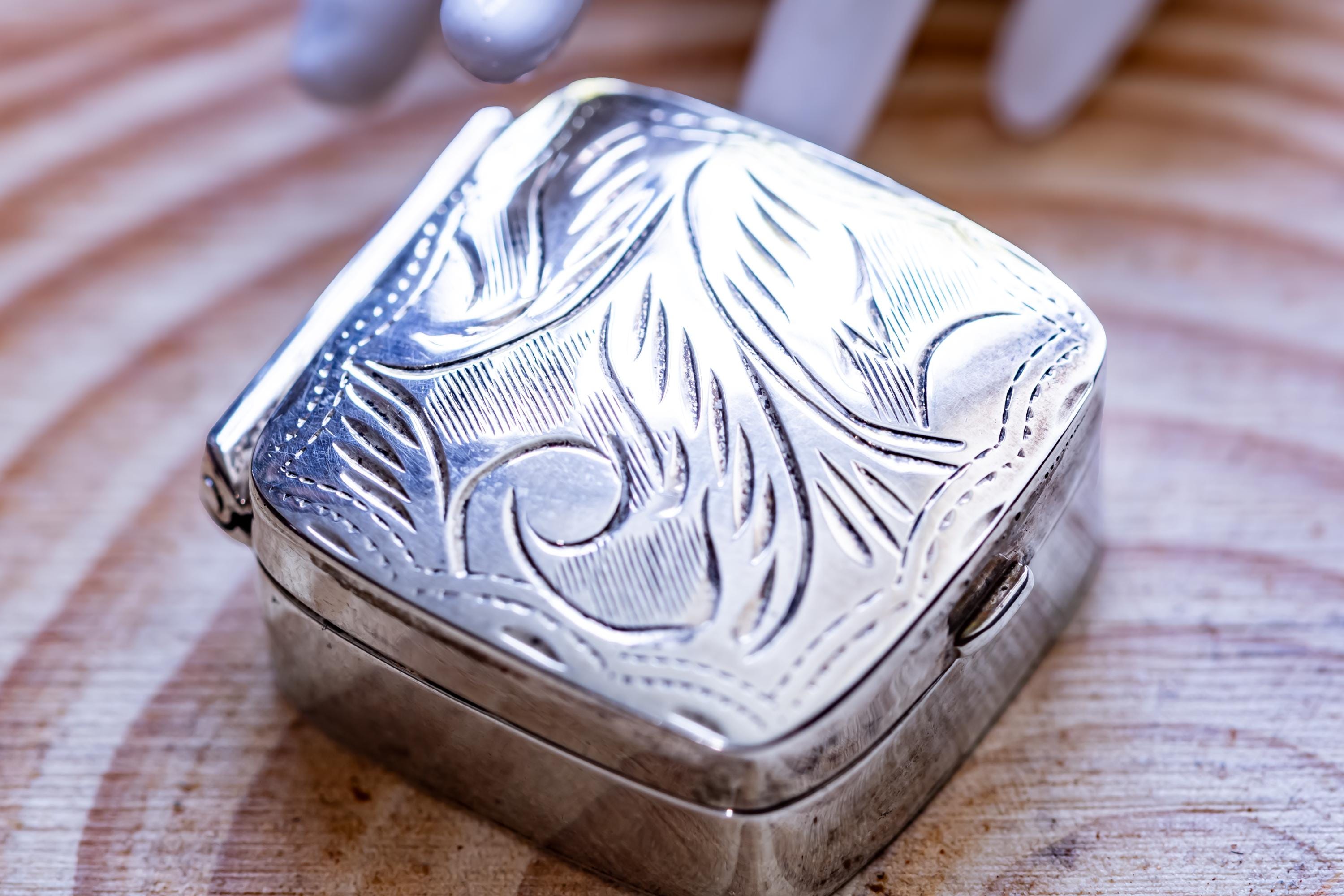 Miniature Silver Pill Box. 1x1 Engraved Botanical Pocket Curio, Victorian Apothecary Trinket.
