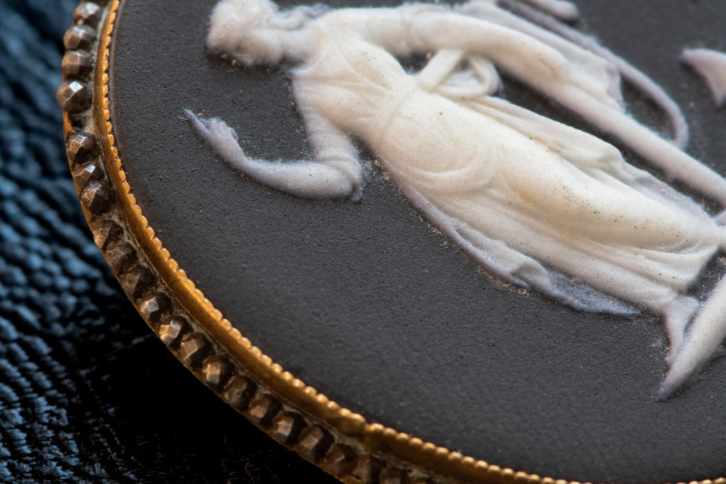 Antique Wedgwood Black Jasperware Cameo. Hope & Anchor Mourning Brooch, Signed Porcelain Wearable Talisman.