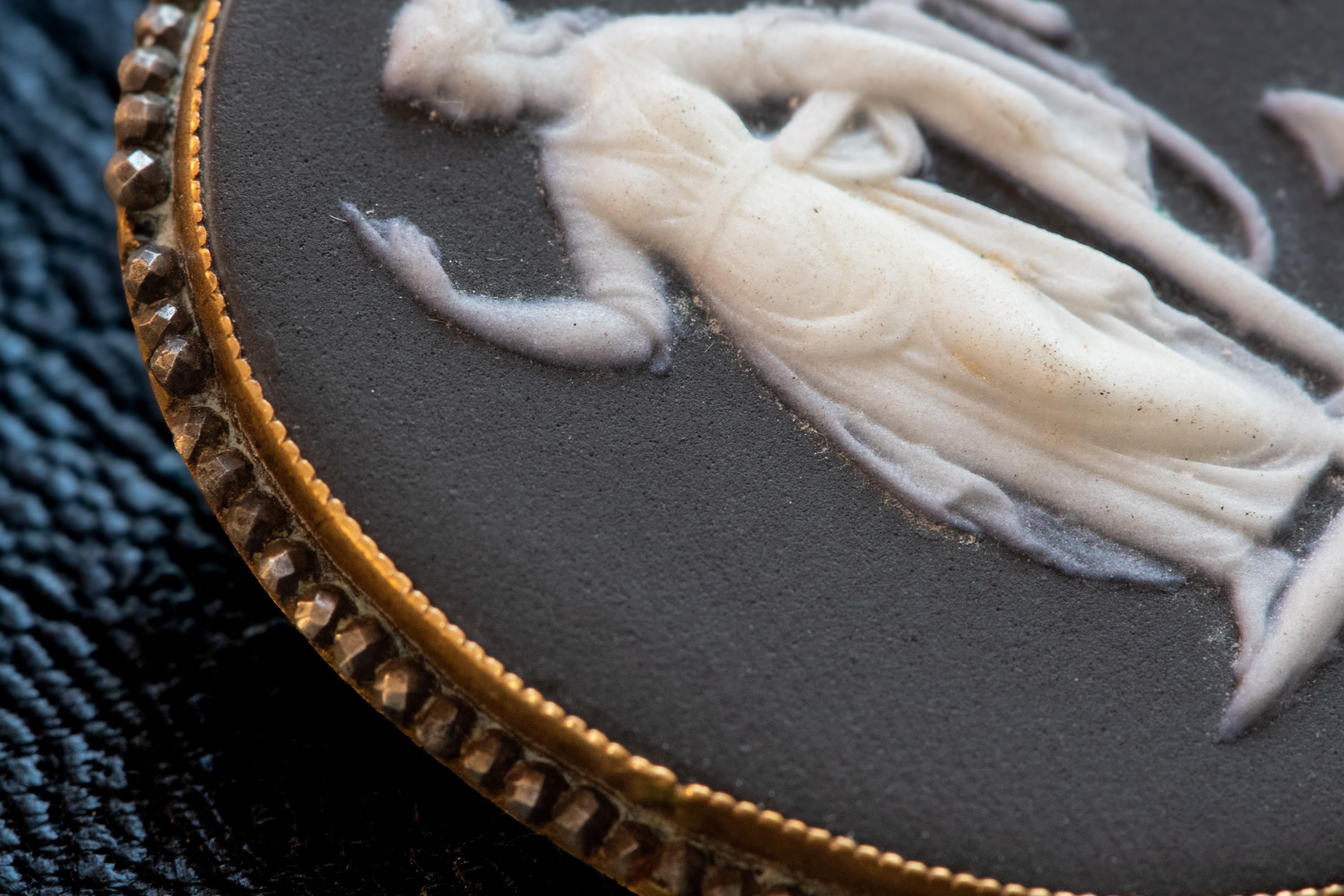 Antique Wedgwood Black Jasperware Cameo. Hope & Anchor Mourning Brooch, Signed Porcelain Wearable Talisman.