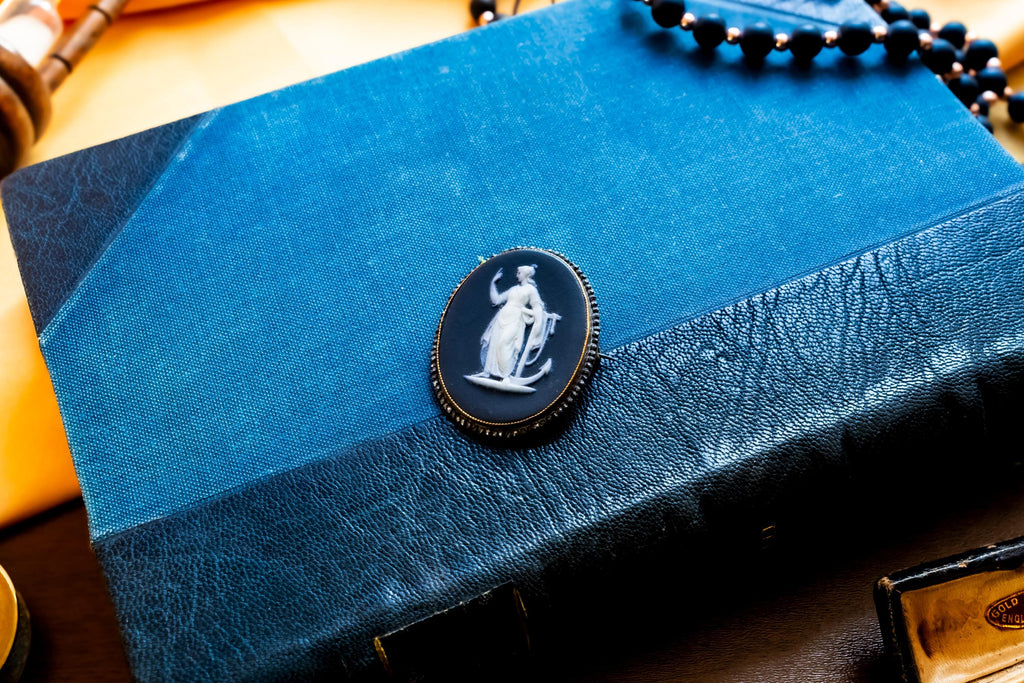 Antique Wedgwood Black Jasperware Cameo. Hope & Anchor Mourning Brooch, Signed Porcelain Wearable Talisman.