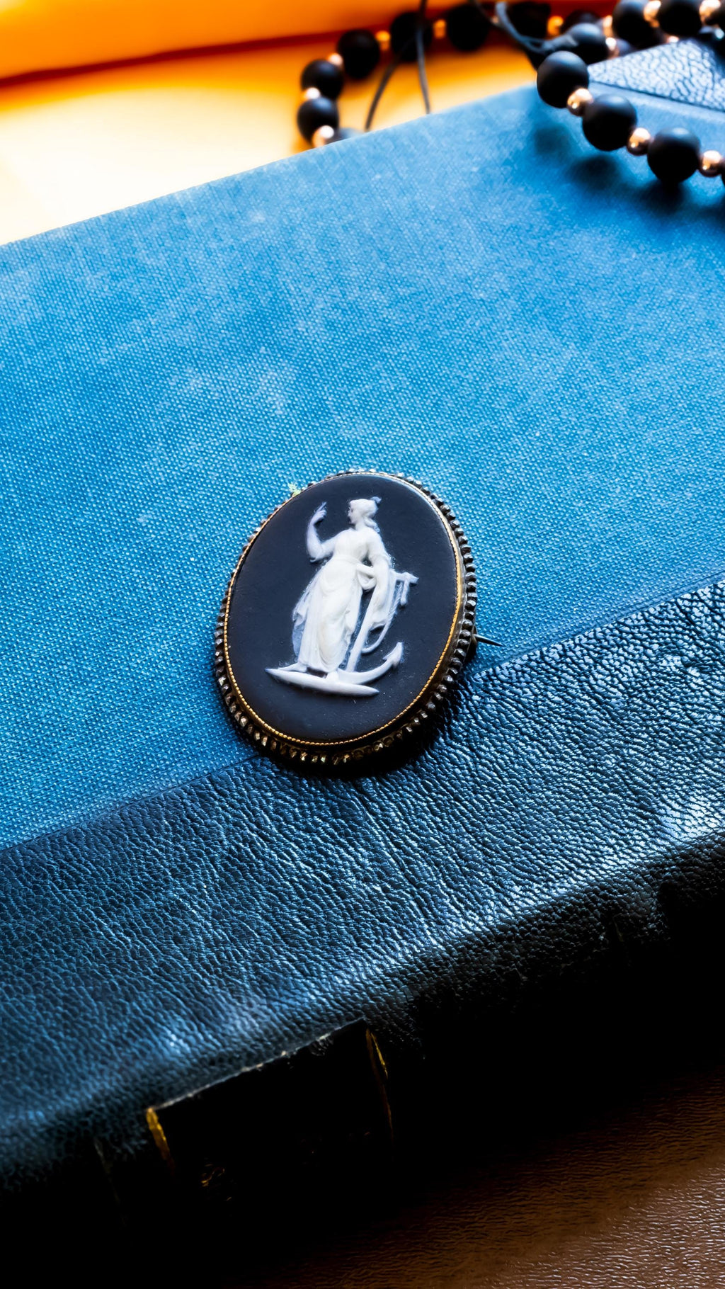 Antique Wedgwood Black Jasperware Cameo. Hope & Anchor Mourning Brooch, Signed Porcelain Wearable Talisman.