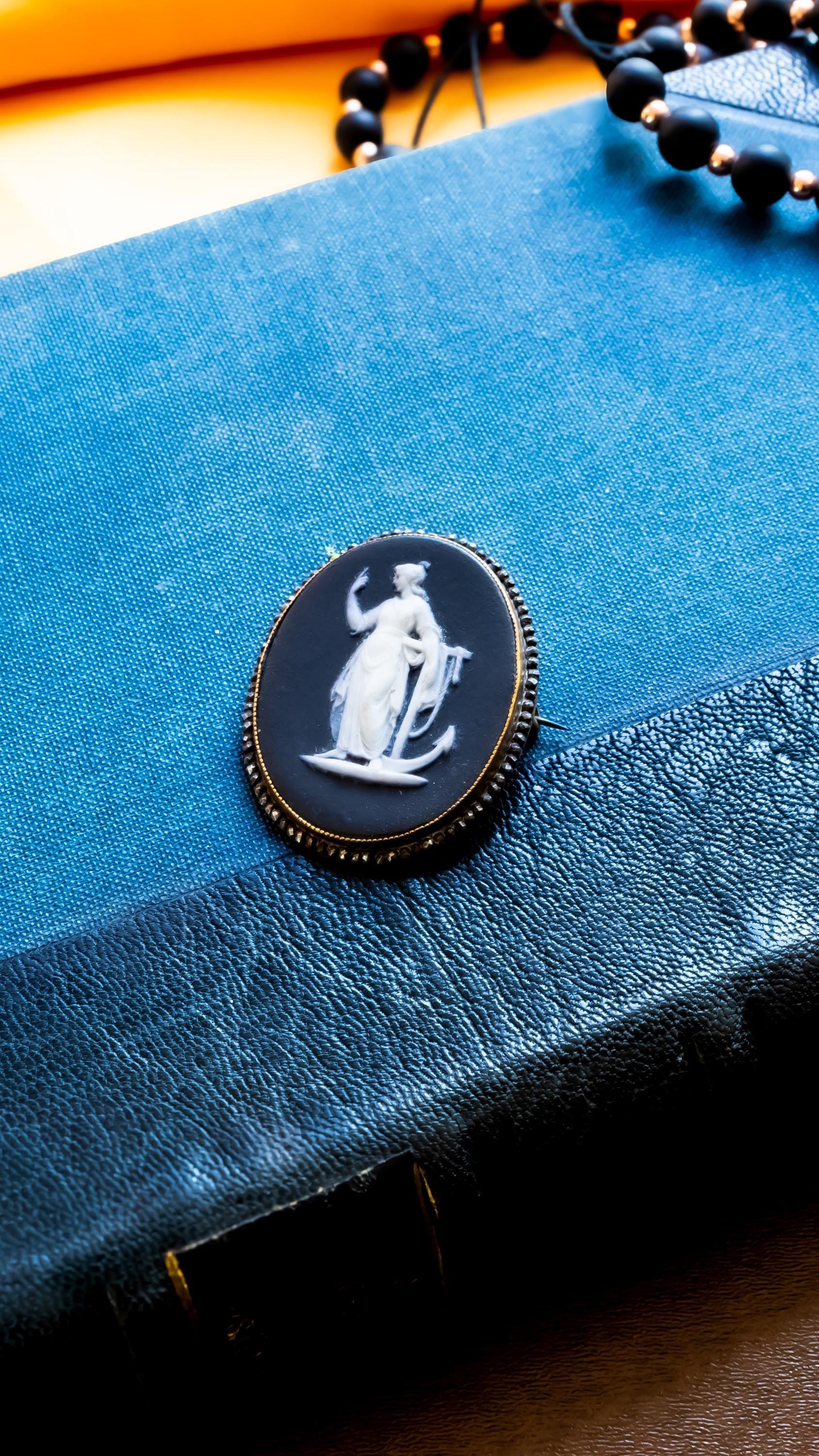 Antique Wedgwood Black Jasperware Cameo. Hope & Anchor Mourning Brooch, Signed Porcelain Wearable Talisman.