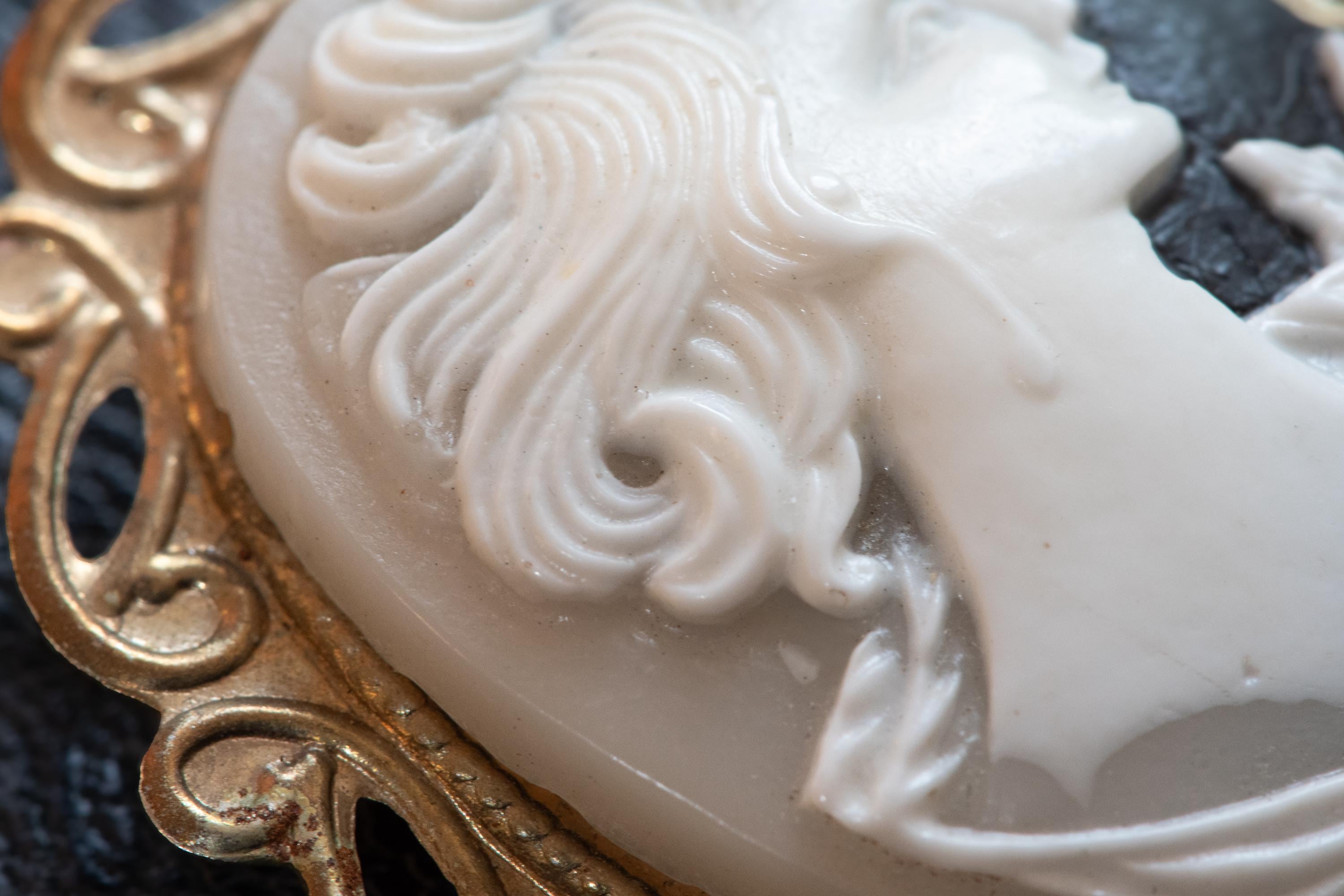 Antique Black & White Cameo Brooch. Ornate C-Clasp Mourning Pin, Victorian Dark Romantic Jewelry.