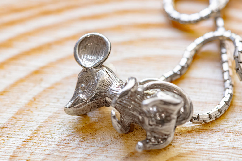 Antique Articulated Silver Mouse Pendant. Movable 925 Sterling Chain Necklace, Whimsical Cabinet of Curiosities.