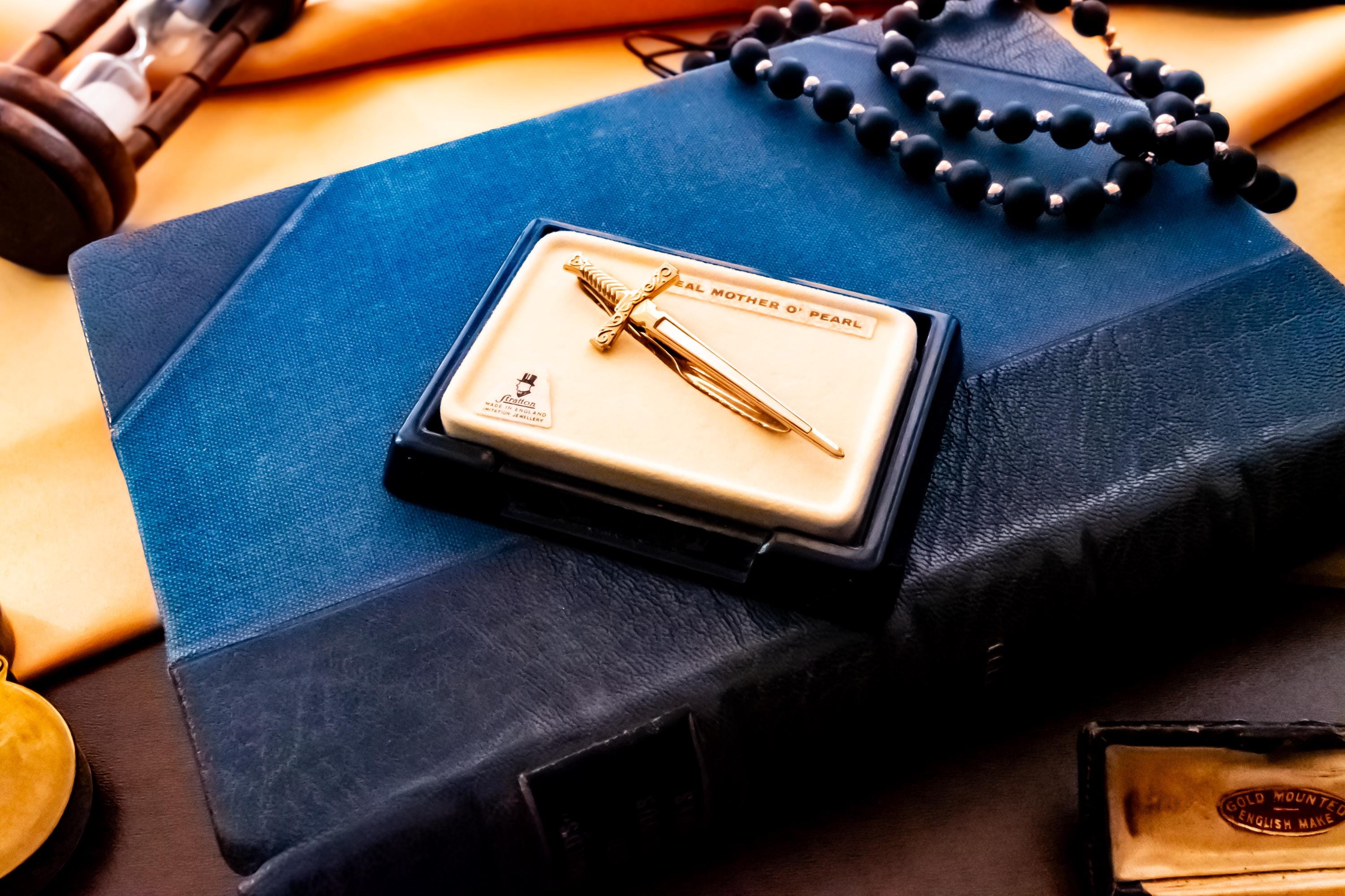 Vintage Stratton Sword Tie Clip Cufflinks Set, Mother of Pearl Gold Tone Formalwear