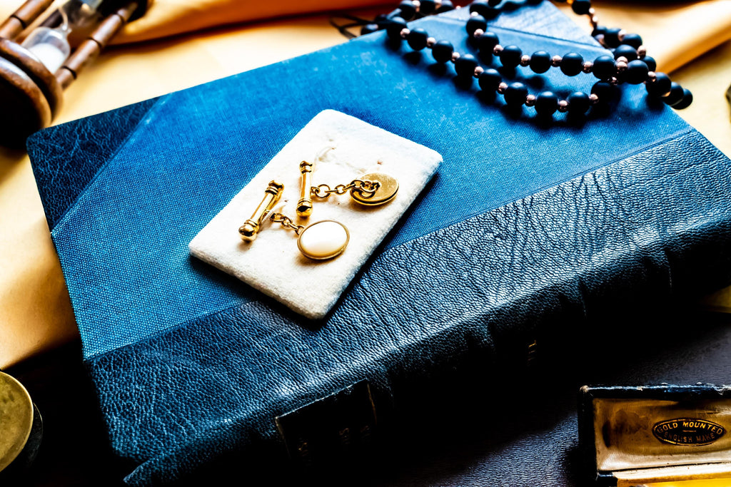 Vintage Stratton Sword Tie Clip Cufflinks Set, Mother of Pearl Gold Tone Formalwear