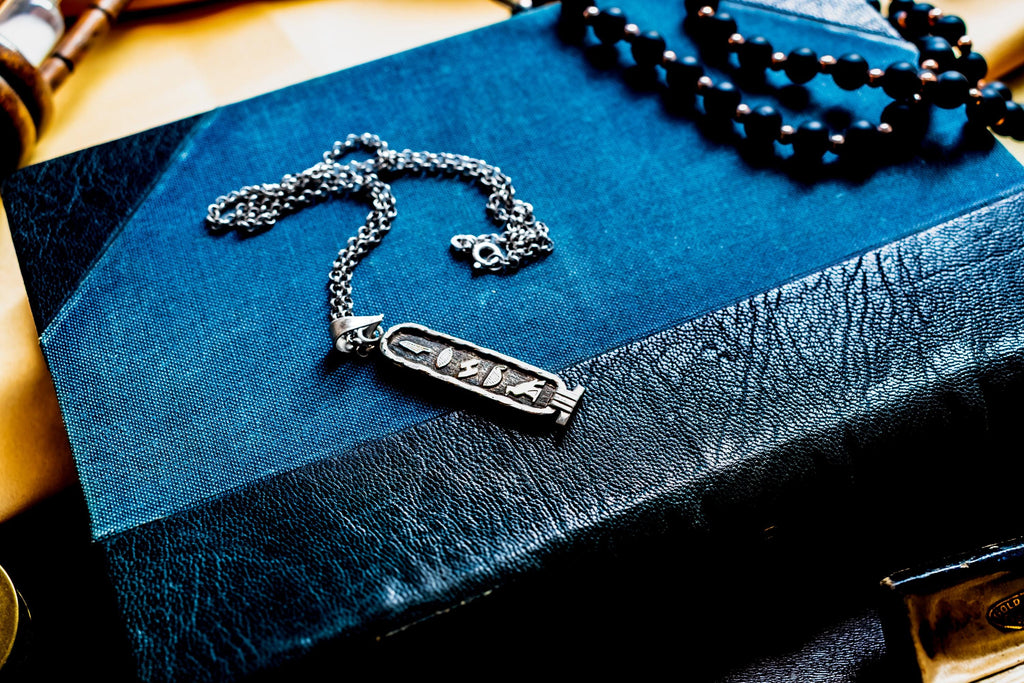 Vintage Sterling Silver Egyptian Cartouche Necklace, Oxidized Hieroglyph Amulet, Dark Academia Talisman.