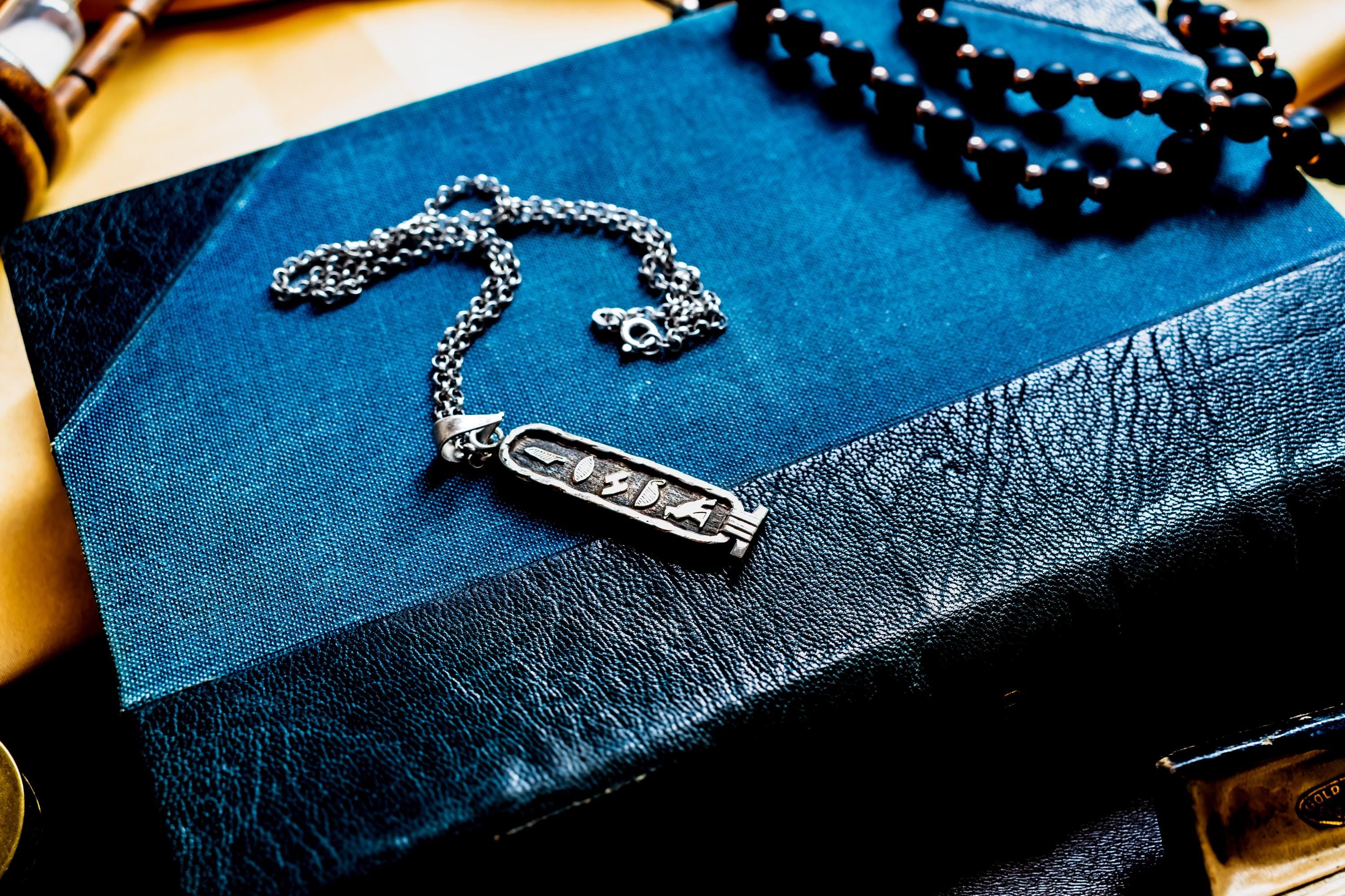 Vintage Sterling Silver Egyptian Cartouche Necklace, Oxidized Hieroglyph Amulet, Dark Academia Talisman.