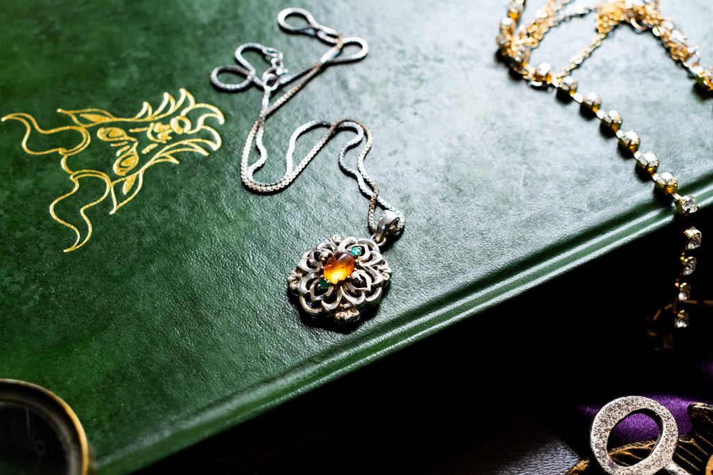 Vintage Sterling Silver Amulet Pendant. Glowing Baltic Amber, Teal Accents, Box Chain.