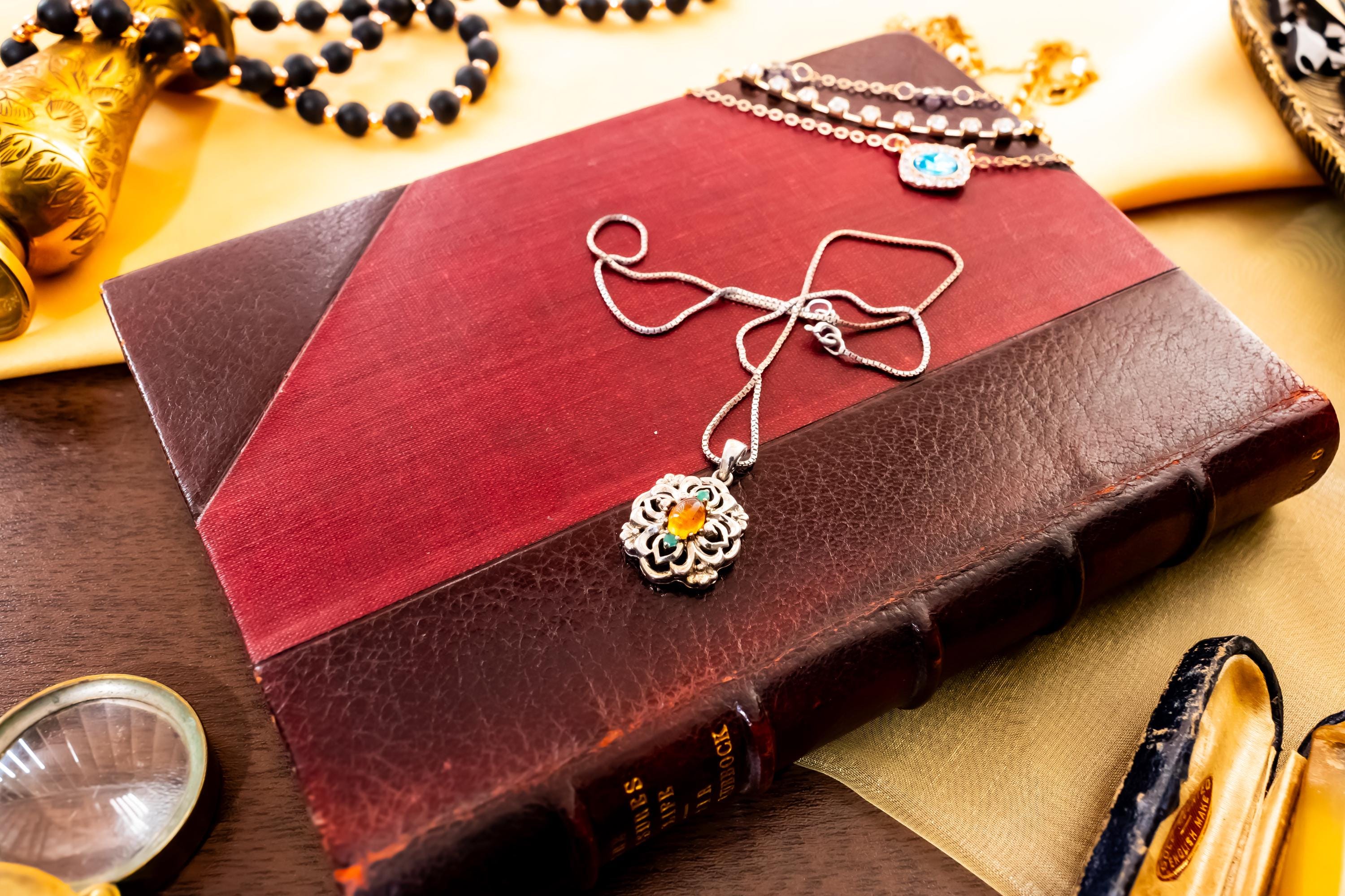 Vintage Sterling Silver Amulet Pendant. Glowing Baltic Amber, Teal Accents, Box Chain.